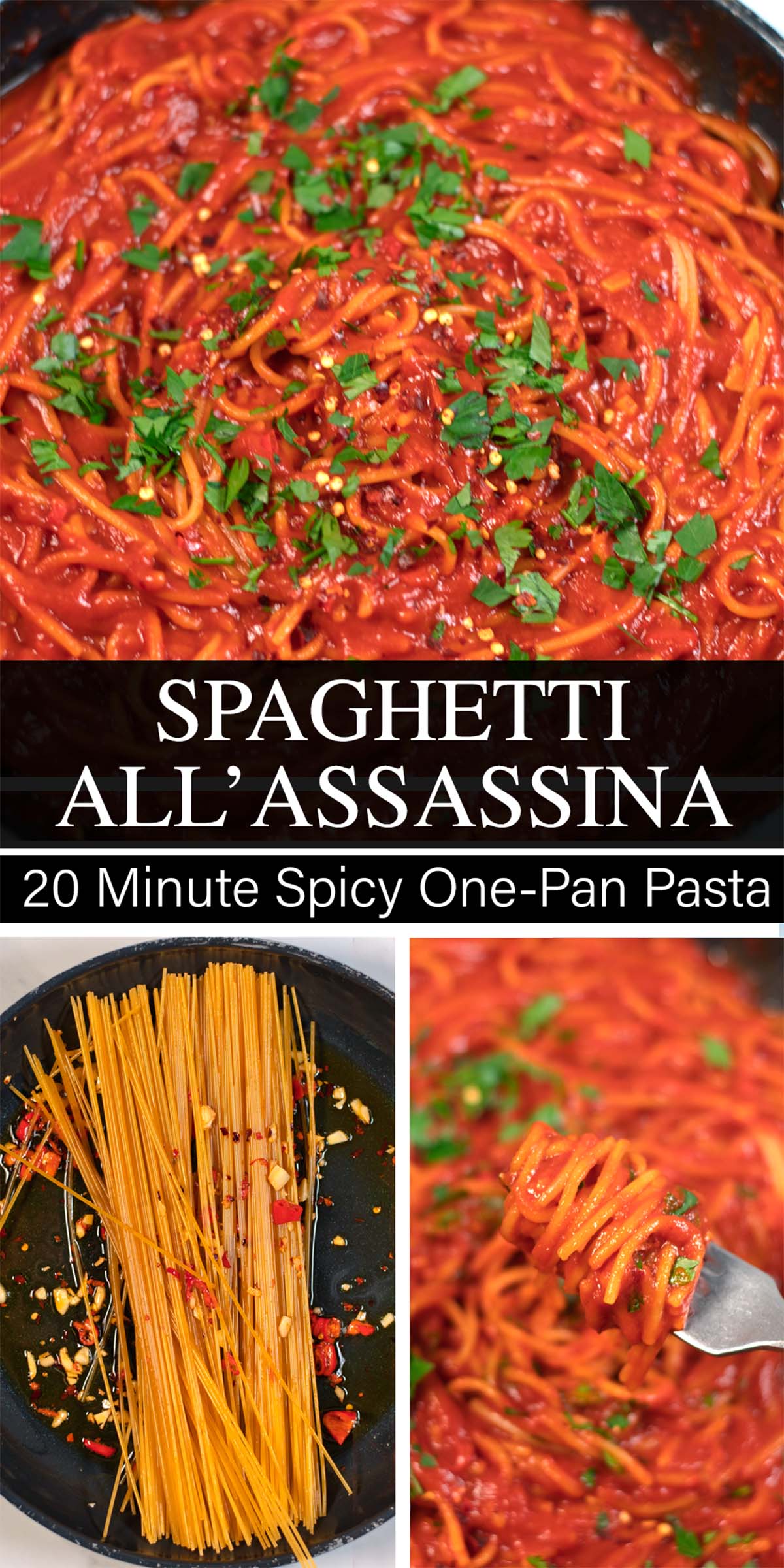 Collage of two photos showing Spaghetti All'Assassina with recipe title text.