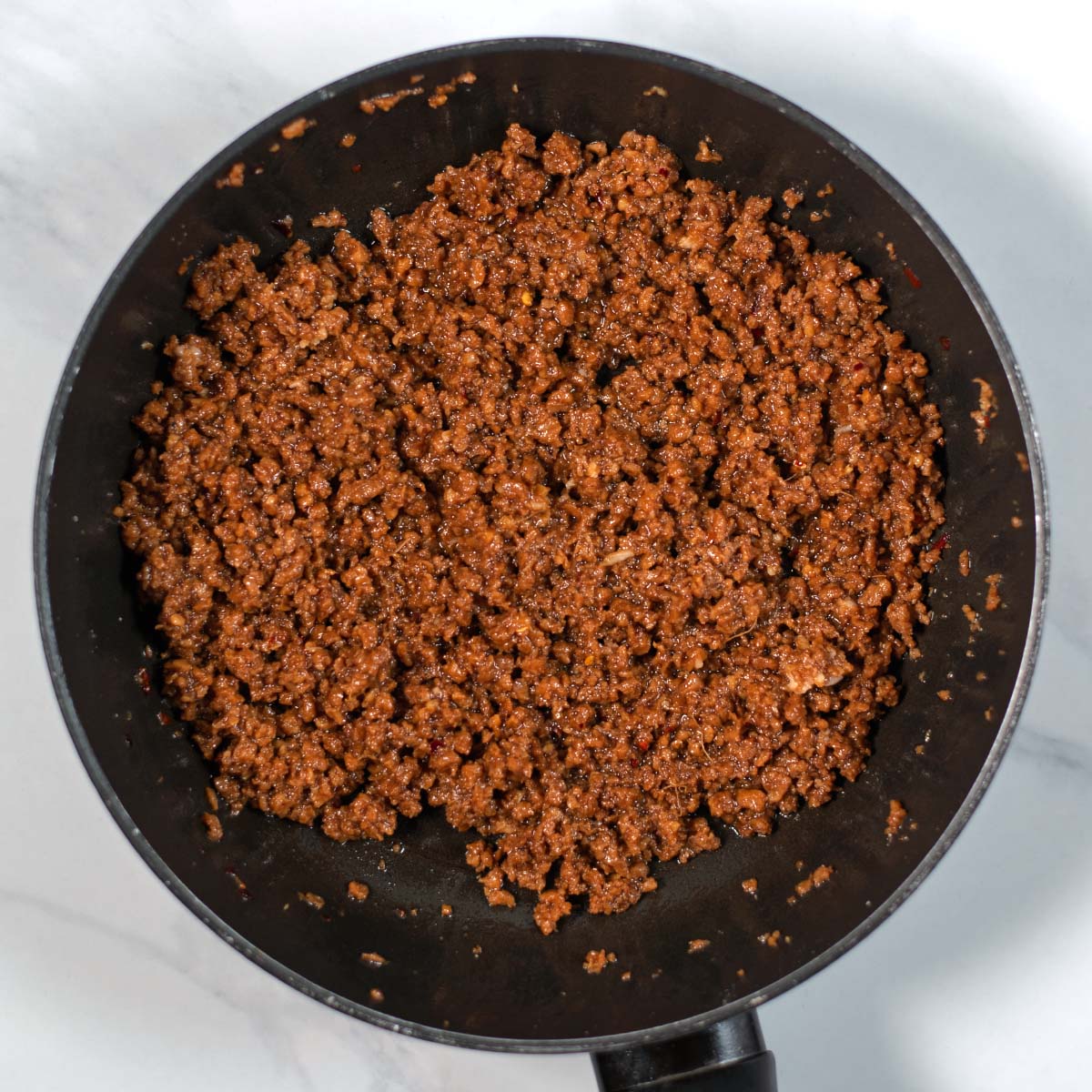 Ground beef for the Teriyaki Bowl in a pan.