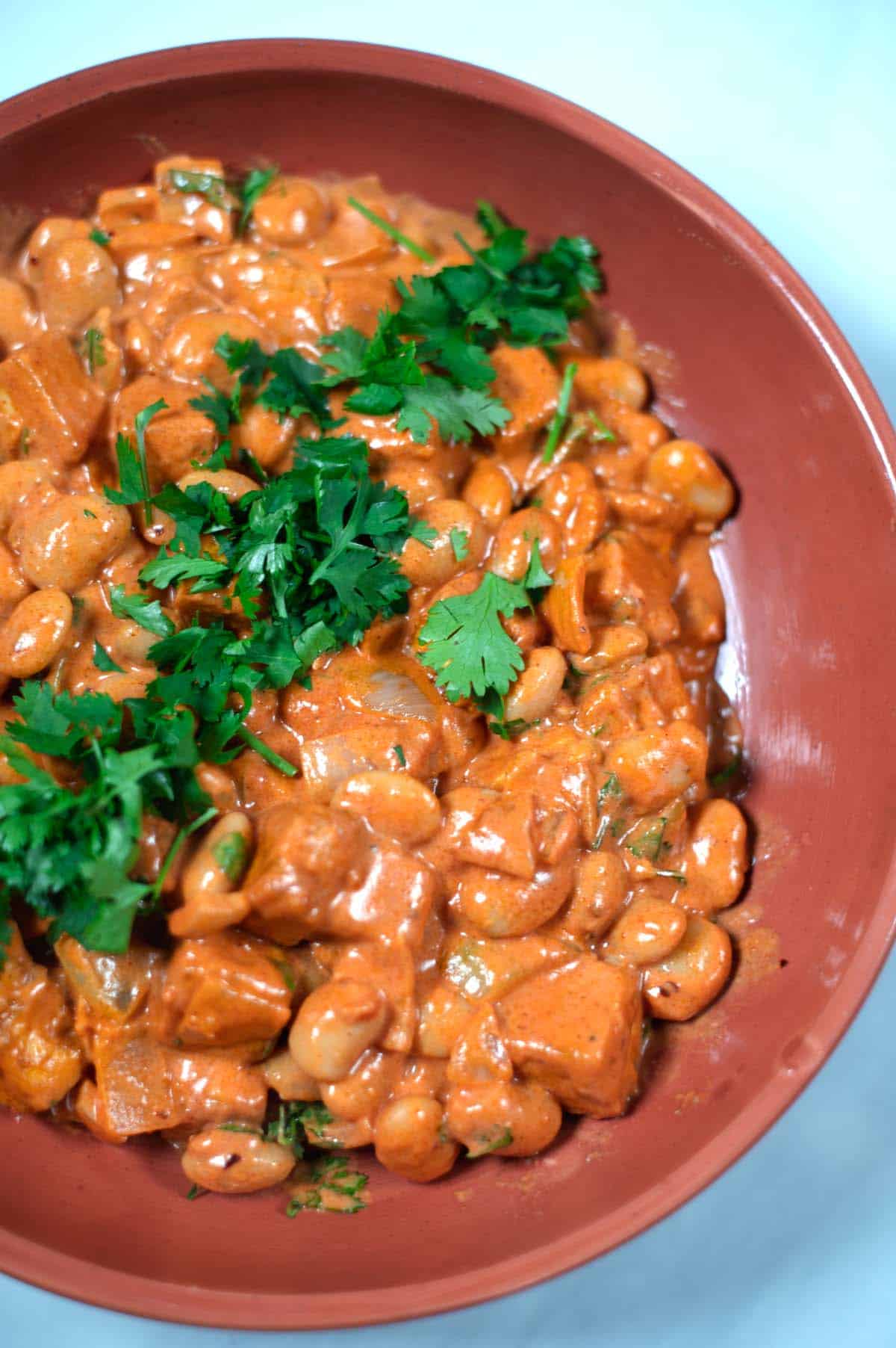 Closeup on a serving of Creamy Tikka Masala Beans.
