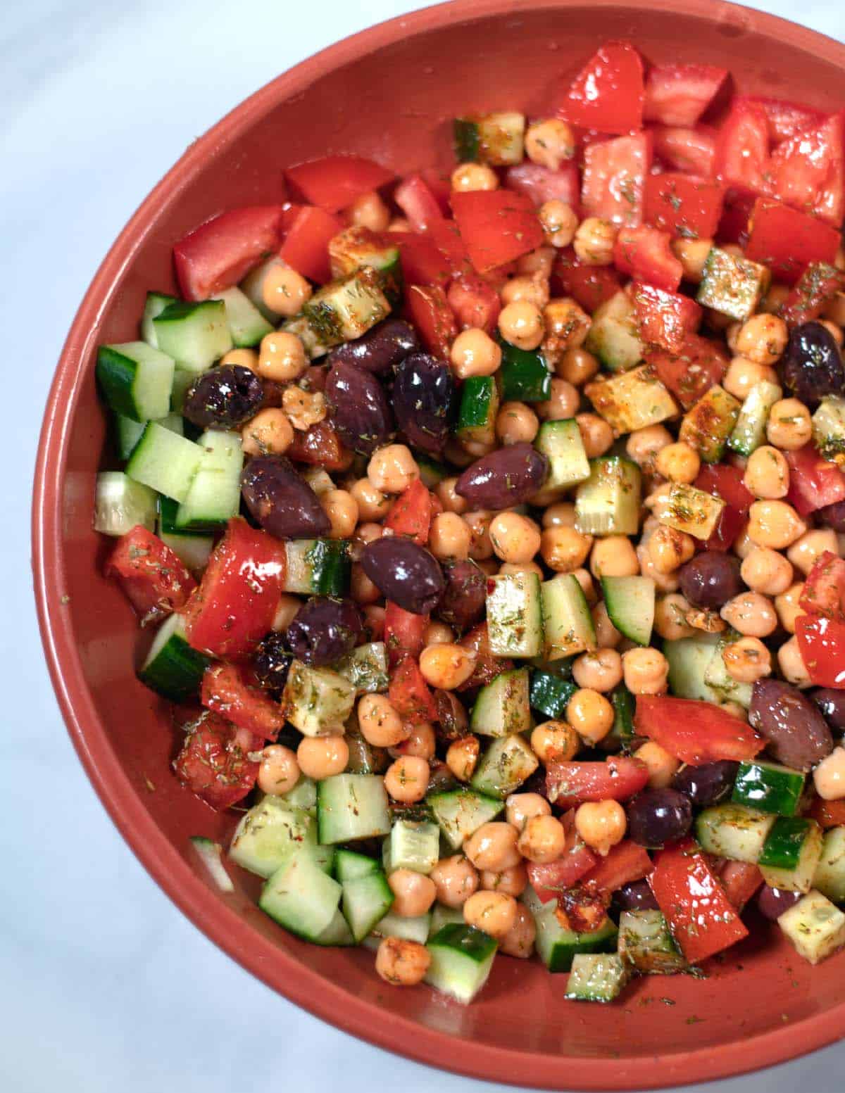 Closeup of Greek Chickpea Salad.