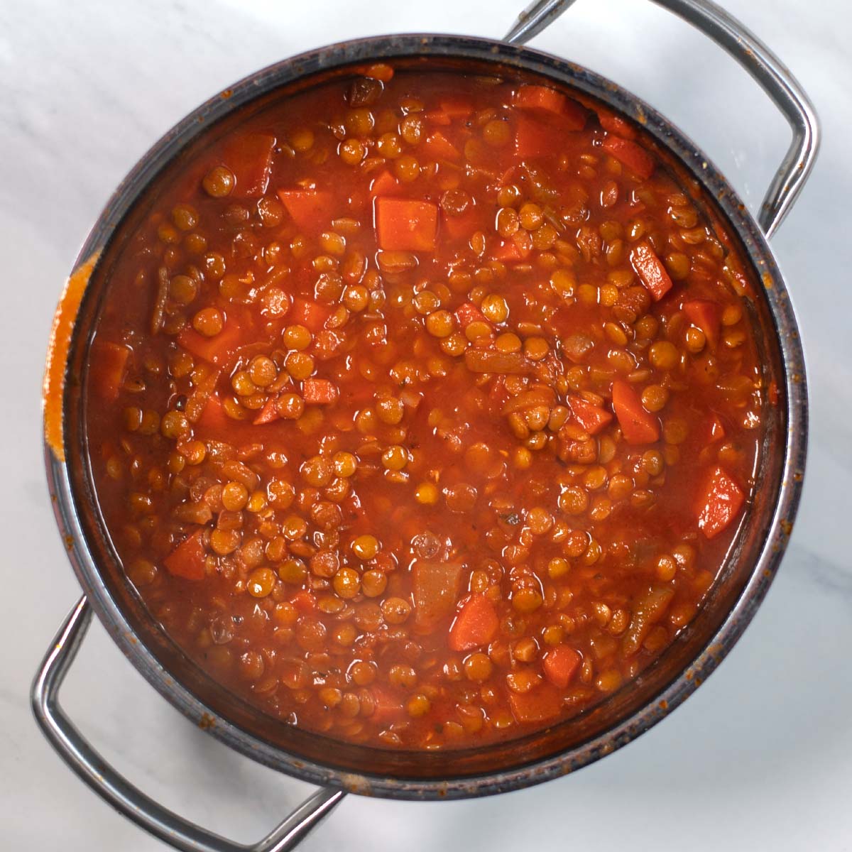 Greek Lentil Soup after adding vegetable broth.