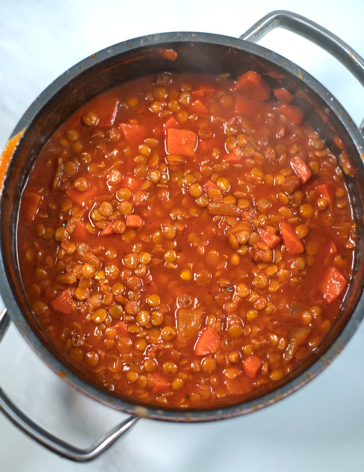 Closeup of Greek Lentil Soup in a pot.