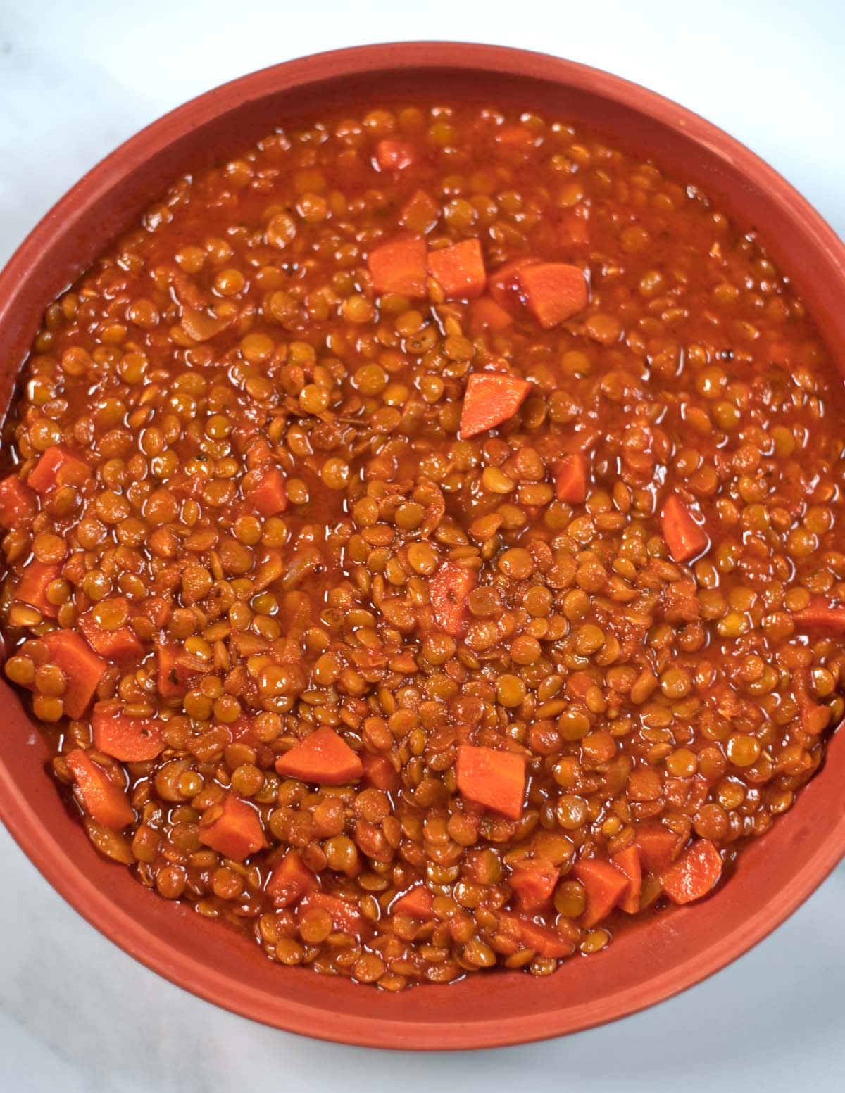 Closueup on a serving of Greek Lentil Soup.