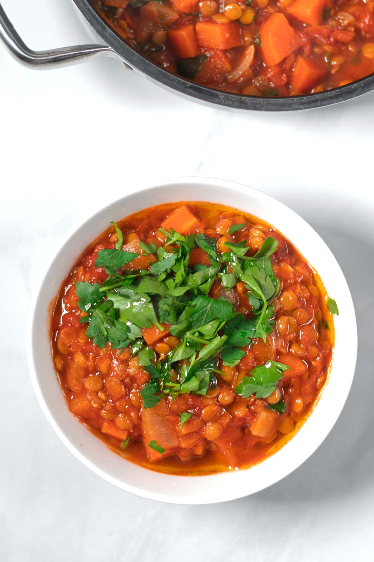 A view of a small serving bowl with Italian Lentil Soup.