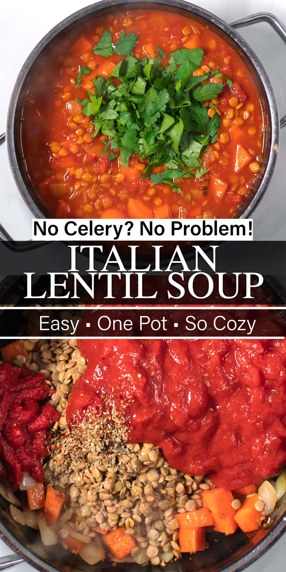 Collage of two photos that show Italian Lentil Soup, with recipe title text added.