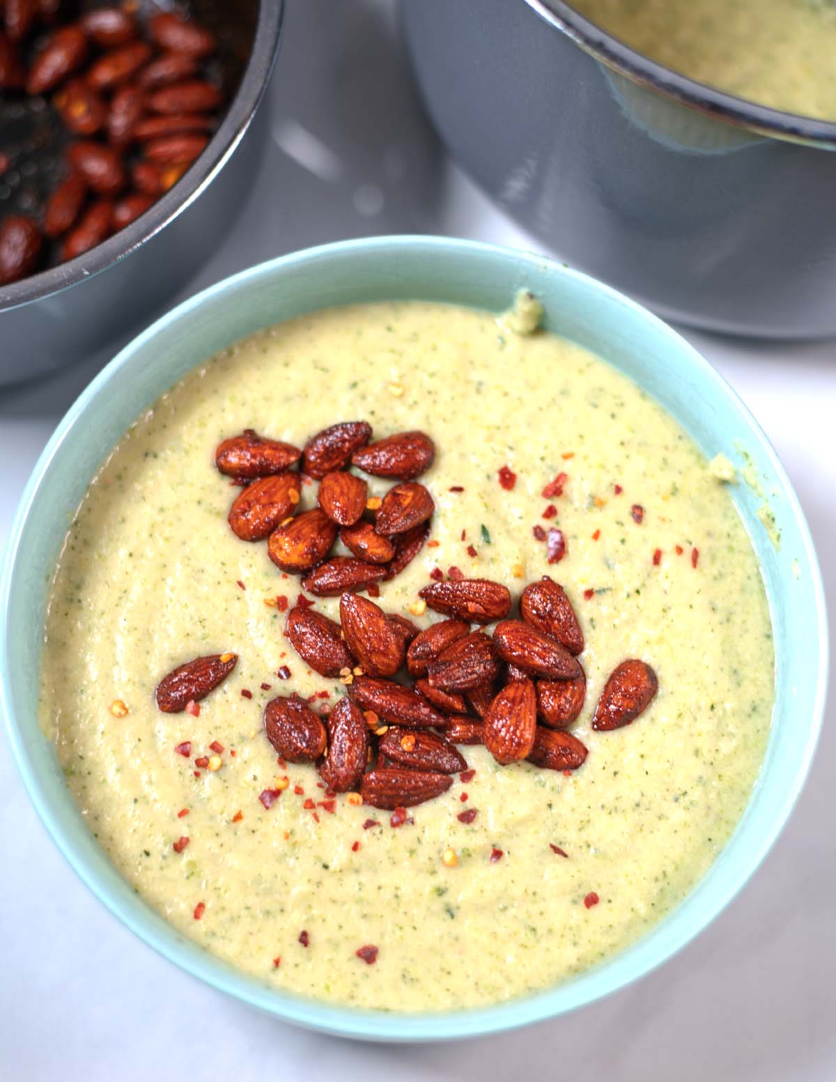 Closeup of Zucchini Soup in a large serving bowl.
