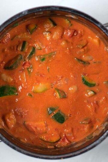 Ready creamy Zucchini Stew in a pot.