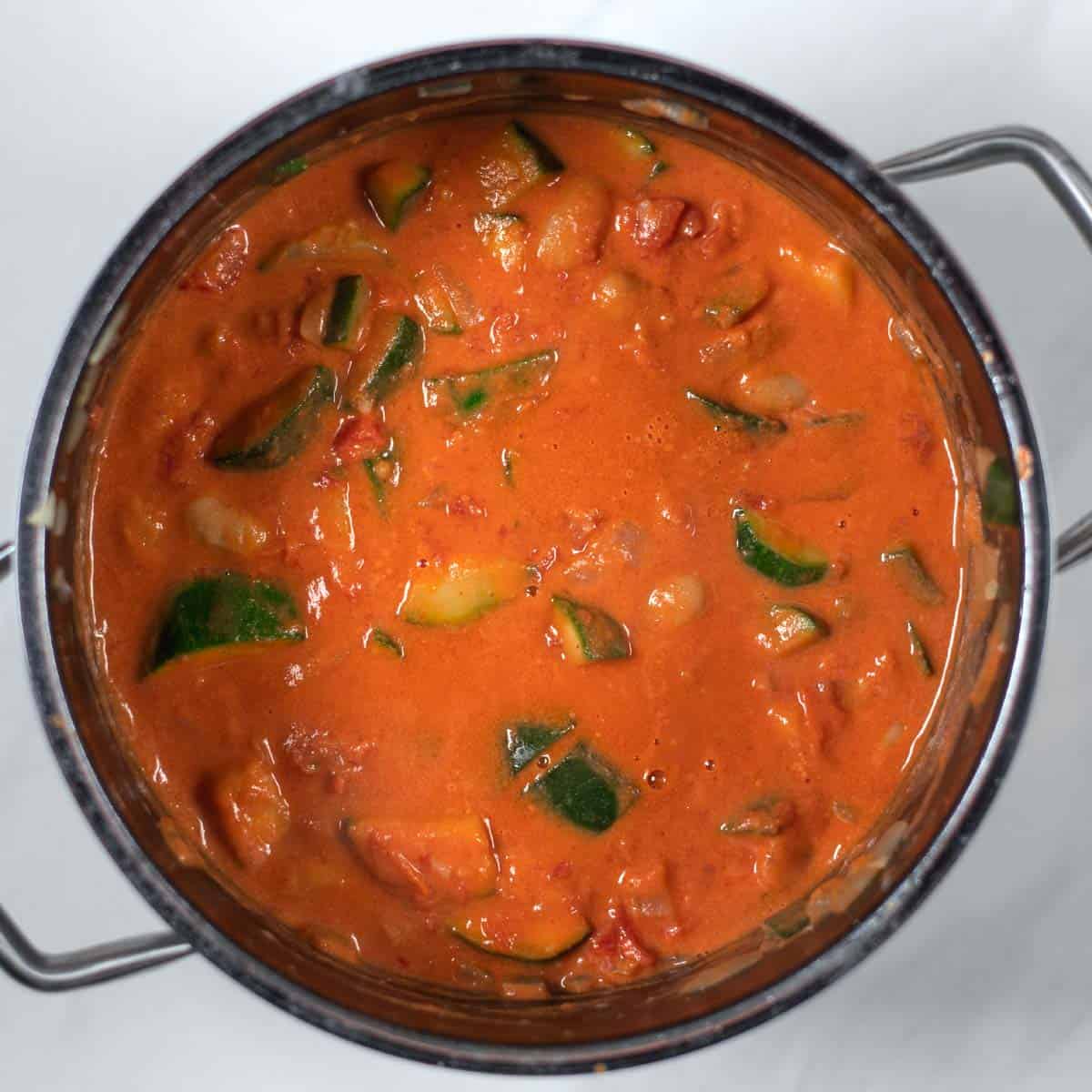 Ready creamy Zucchini Stew in a pot.