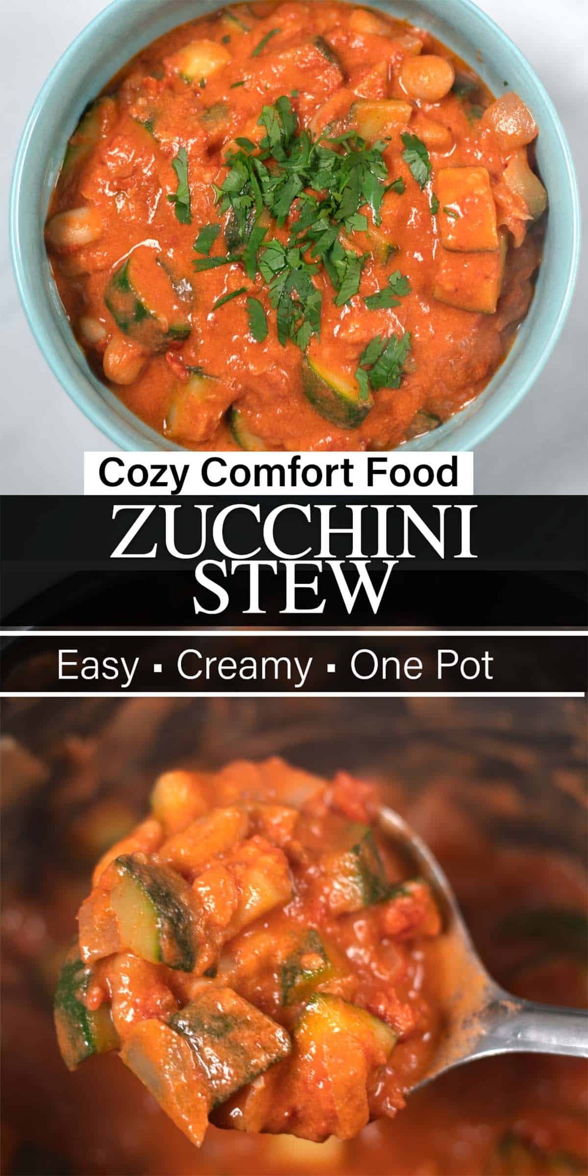 A collage of two photos showing the Zucchini Stew with recipe title text in between.