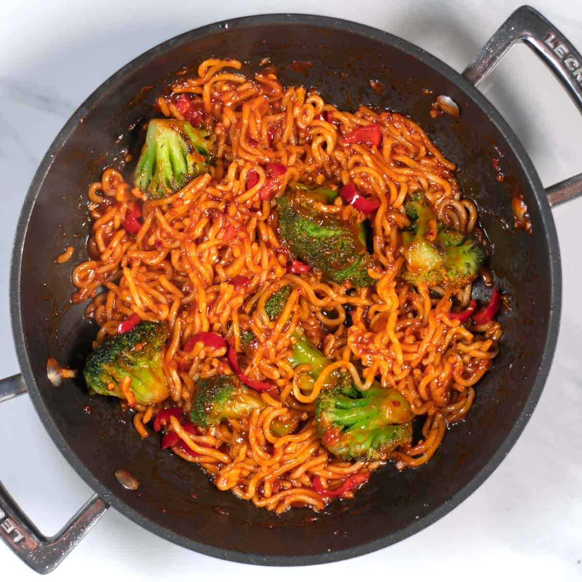 Quick and Easy Chili Noodles with roasted broccoli.