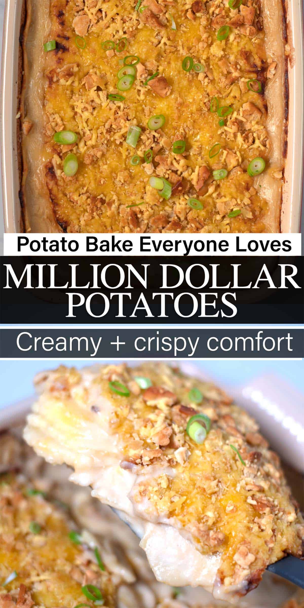 Stack of two photos of Million Dollar Potatoes with recipe title text.