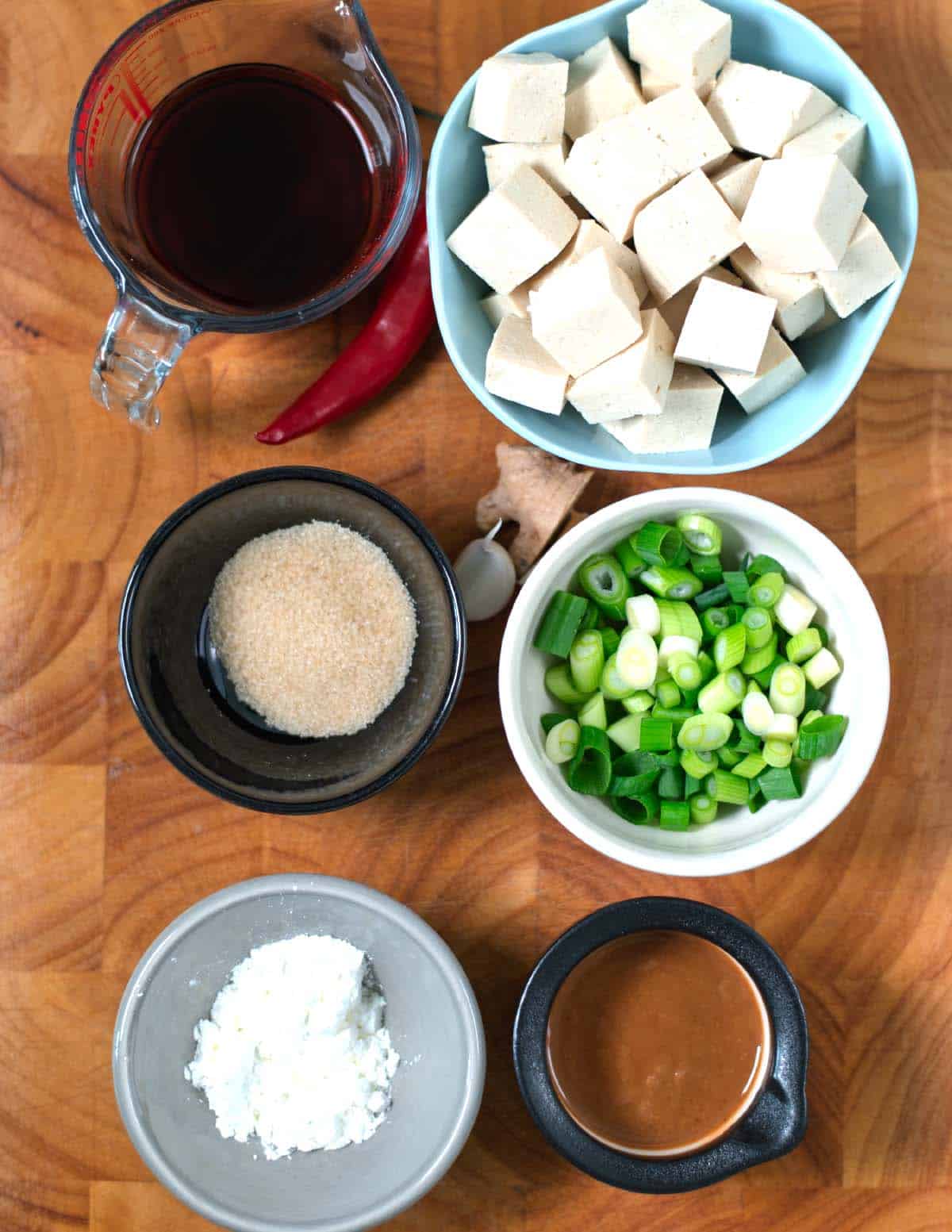 Ingredients needed to make Miso Tofu are collected before preparation.