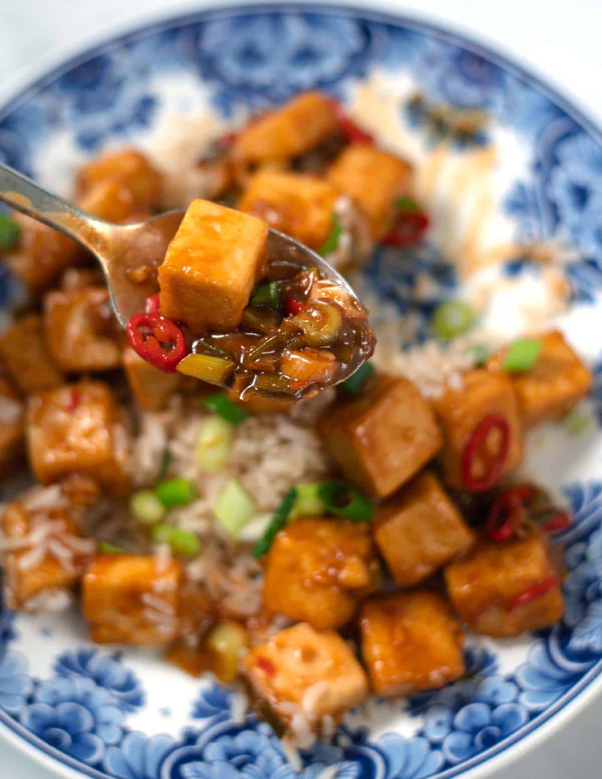 A spoonful of sticky Miso Tofu is lifted from a plate.