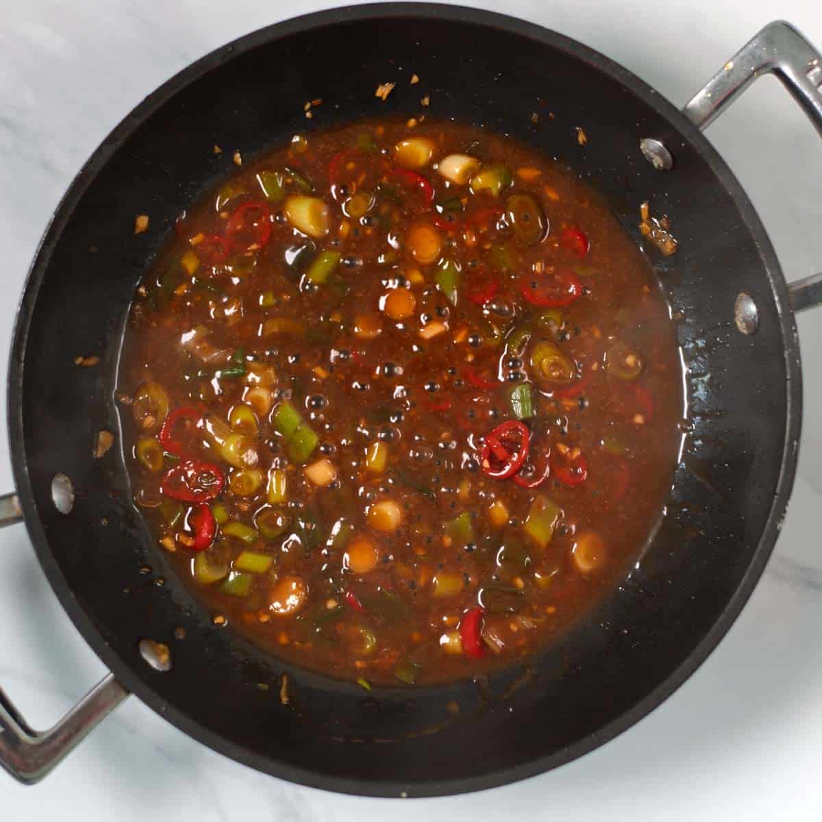 Ready sticky Miso sauce in a pan.
