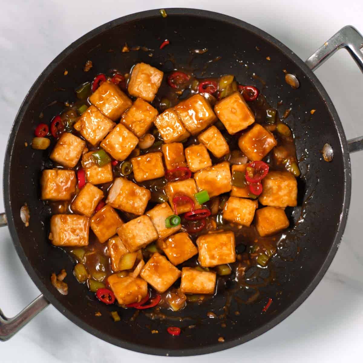 Crispy tofu cubes are mixed with the sticky Miso sauce.