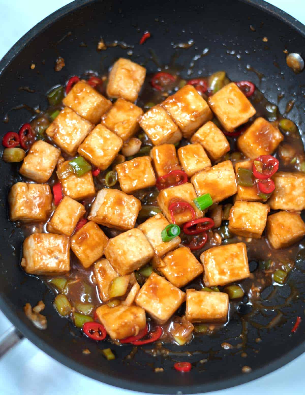 Closeup of Miso Tofu in a pan.