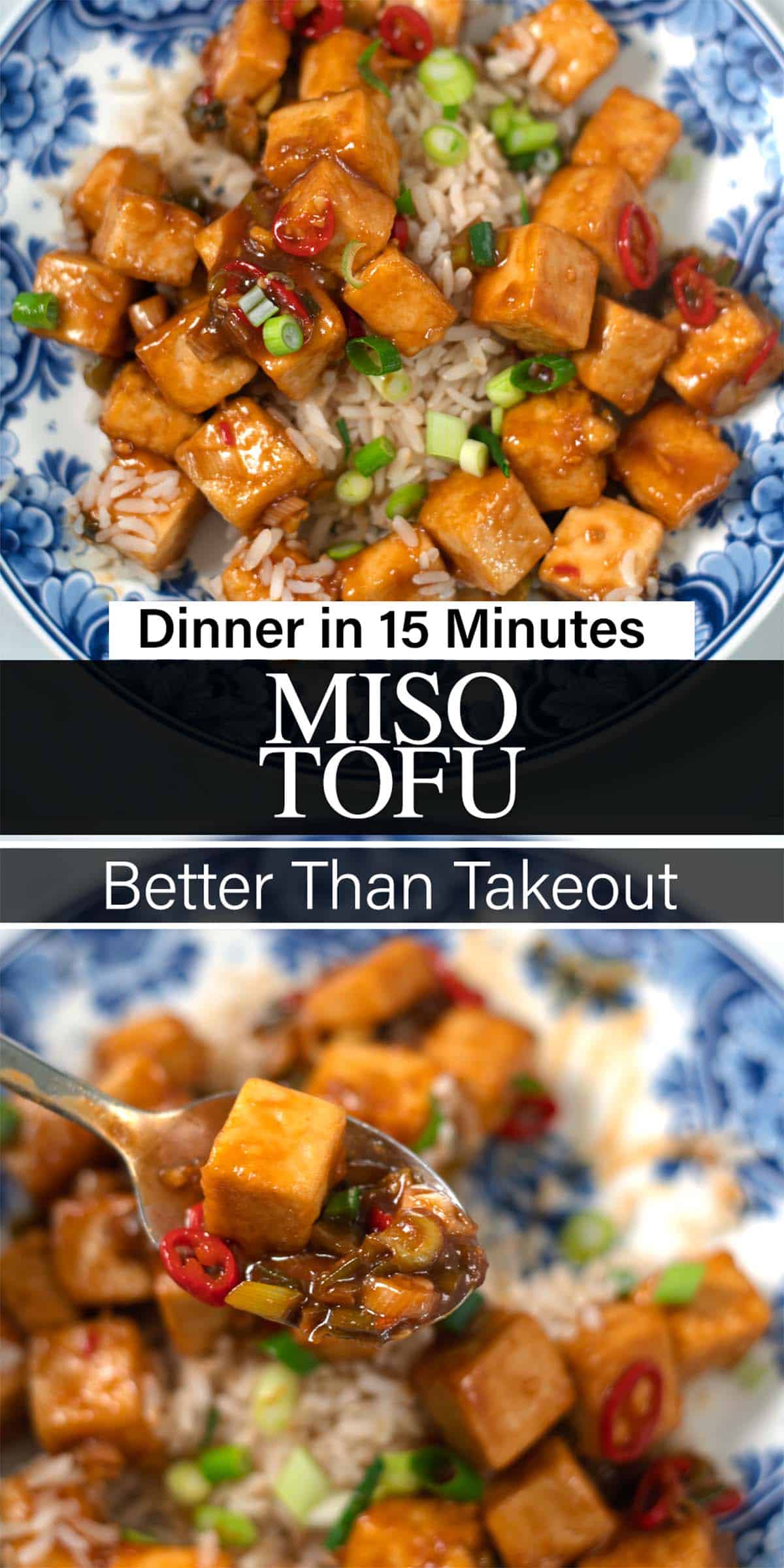 Stack of two photos showing Miso Tofu with recipe title text.