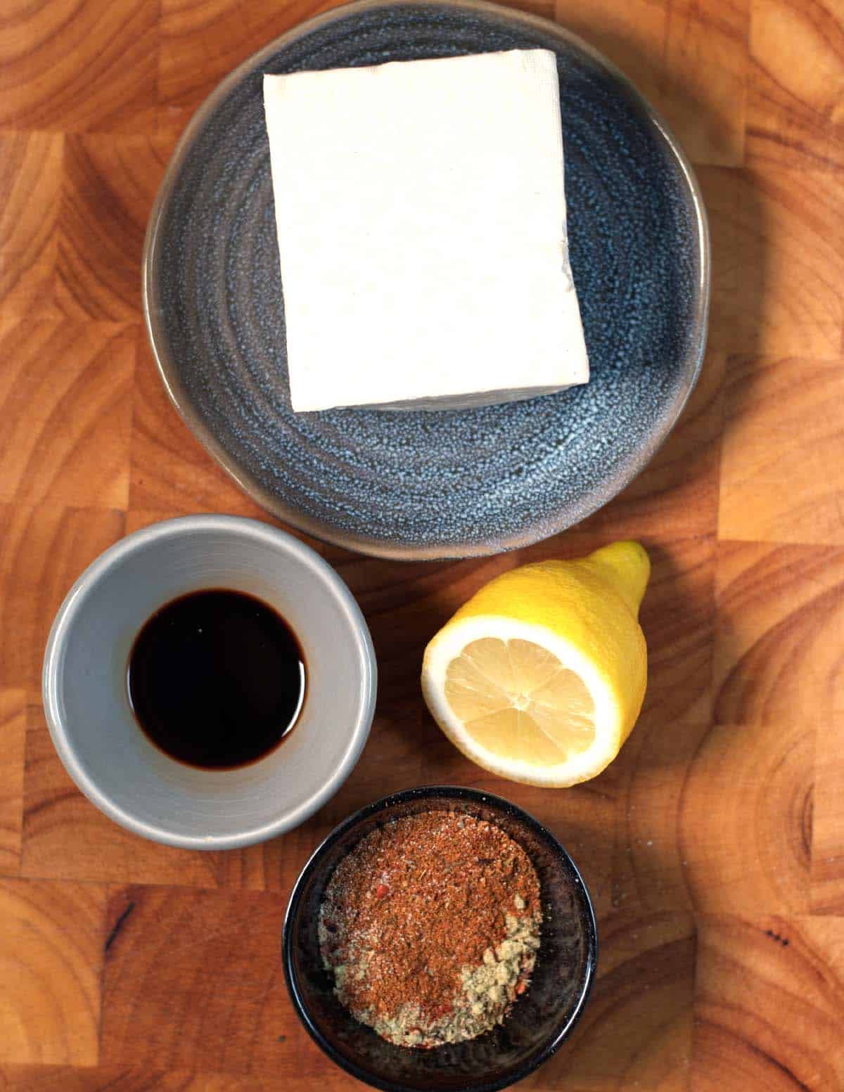 Ingredients needed to make Shaved Tofu Gyros are collected brefre preparation.