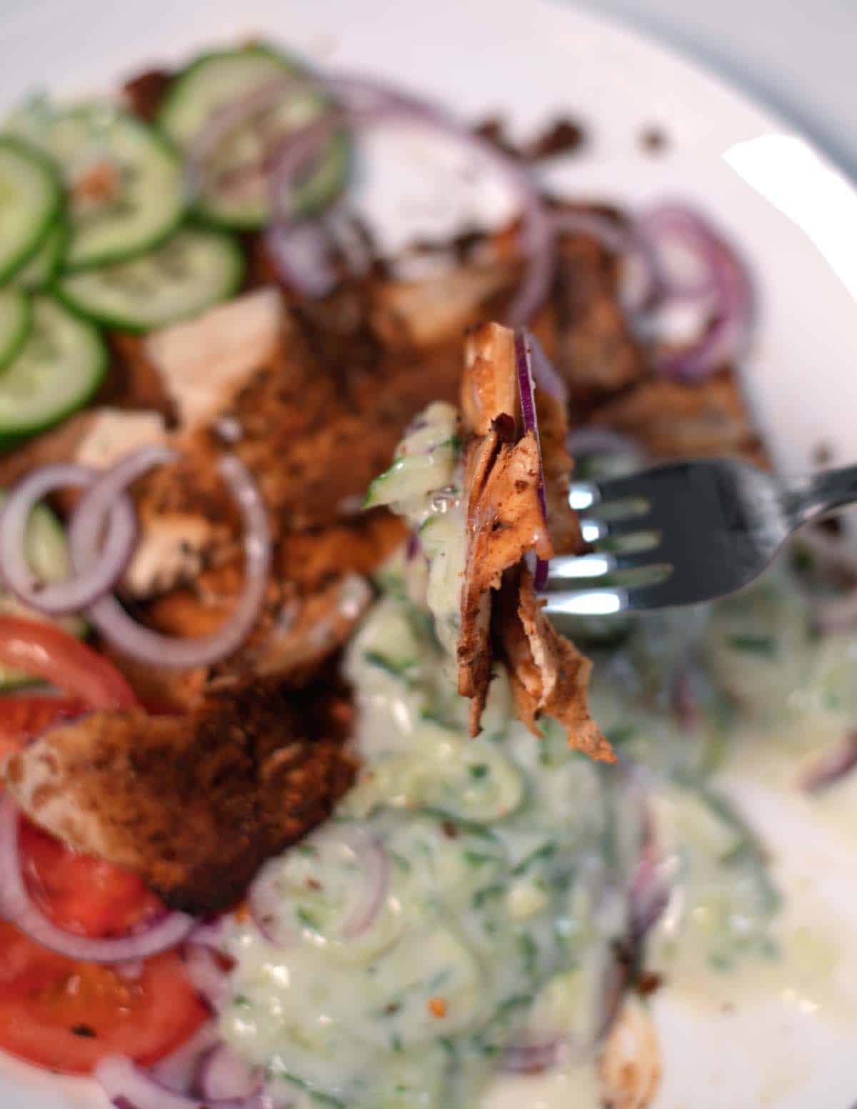 A fork with Shaved Tofu Gyros.