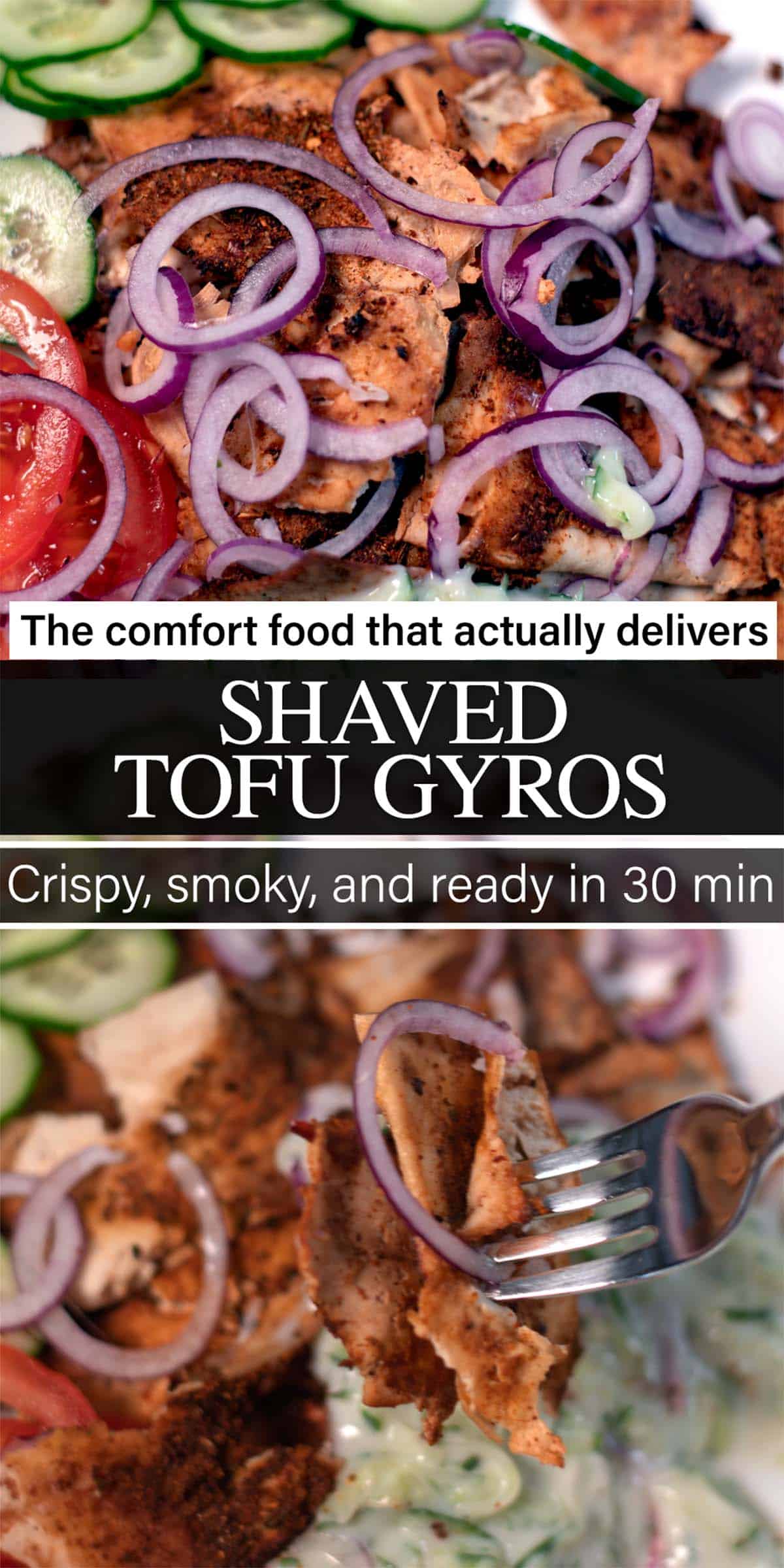 Stack of two photos showing Shaved Tofu Gyros with recipe title text overlay.