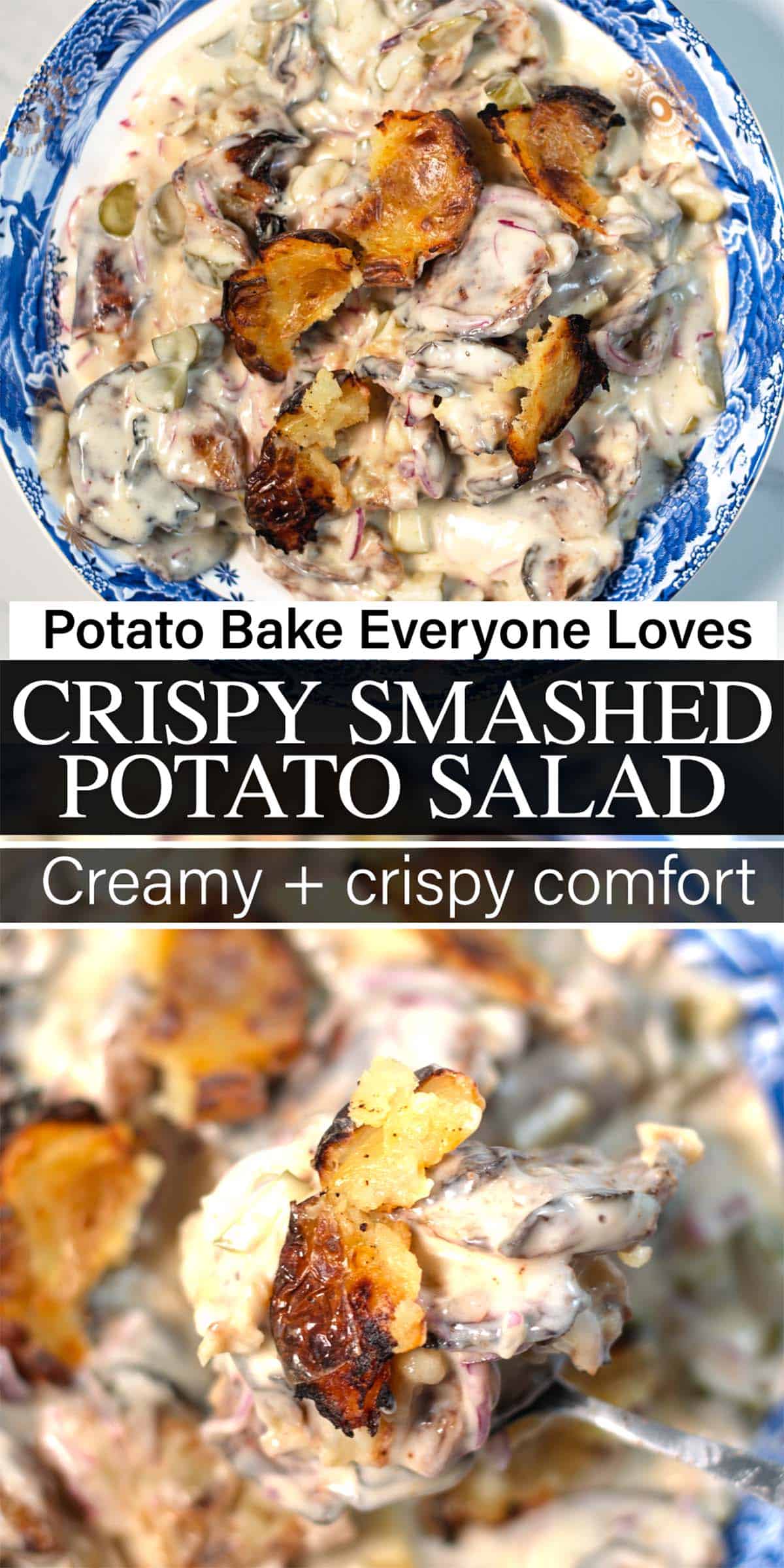 Stack of two photos showing Smashed Potato Salad with recipe title text.