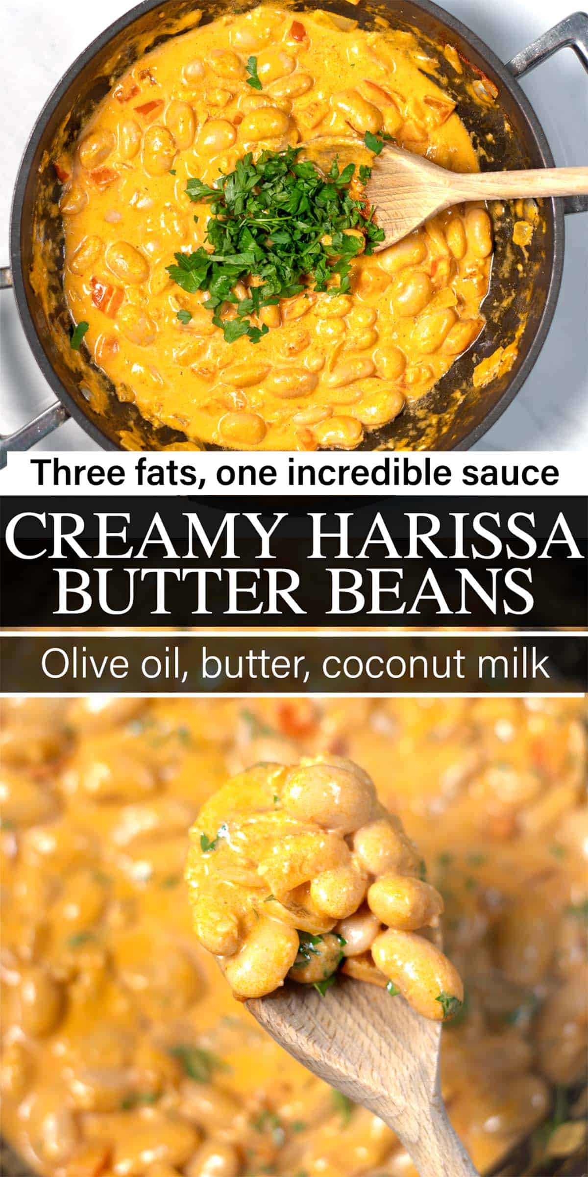 Stack of two photos showing Creamy Harissa Butter Beans with recipe text overlay.