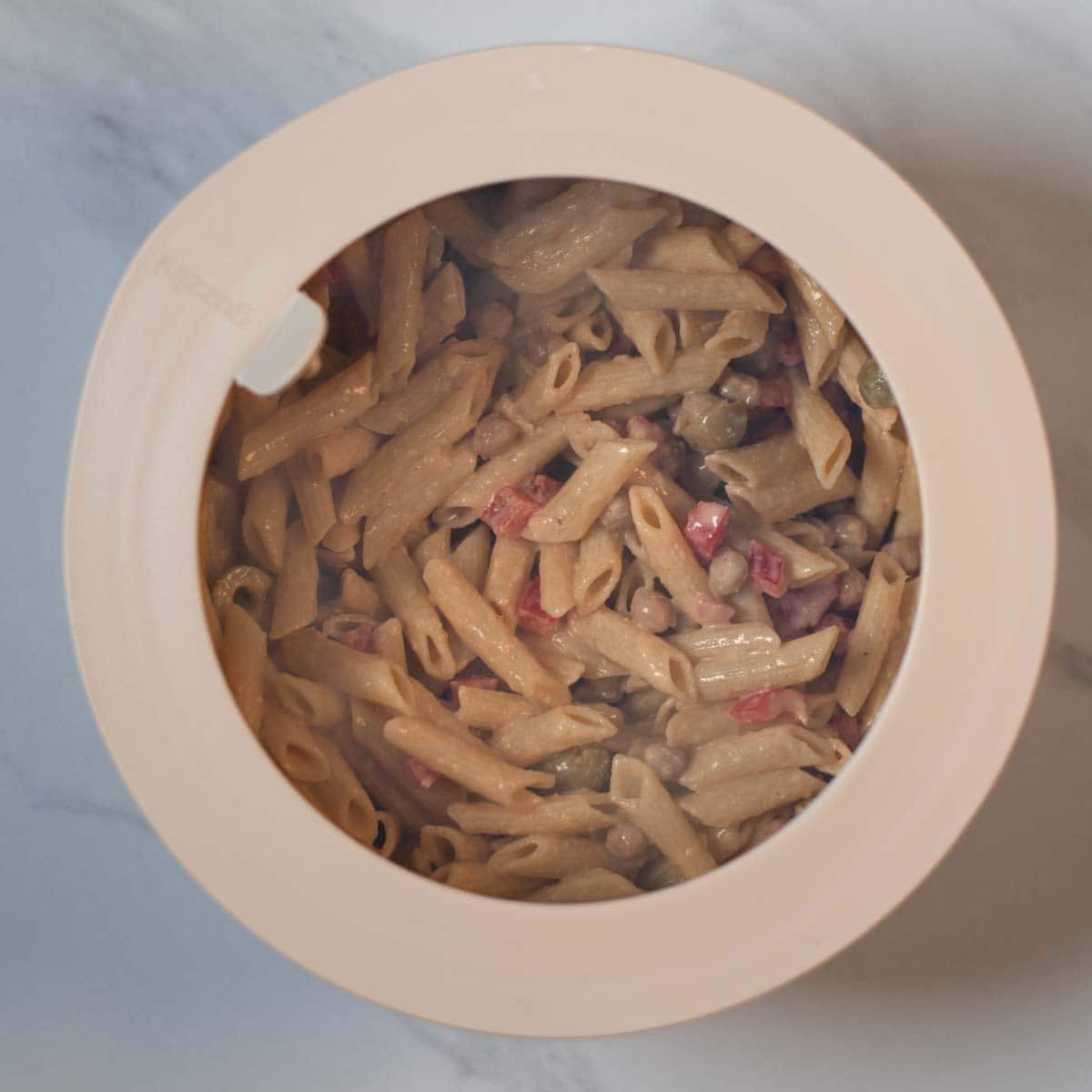 Lemon Pasta Salad in a container, as work lunch, school lunch, or picnic.