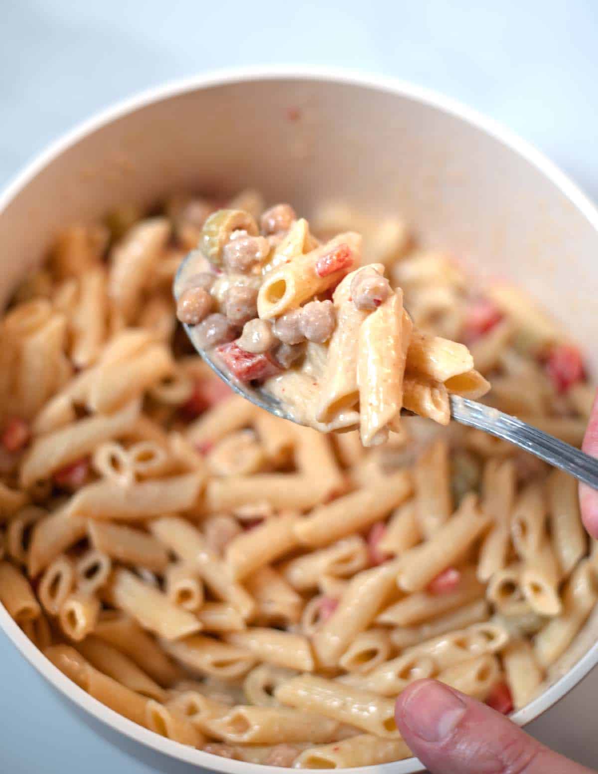 A large spoon of Lemon Pasta Salad, closeup.