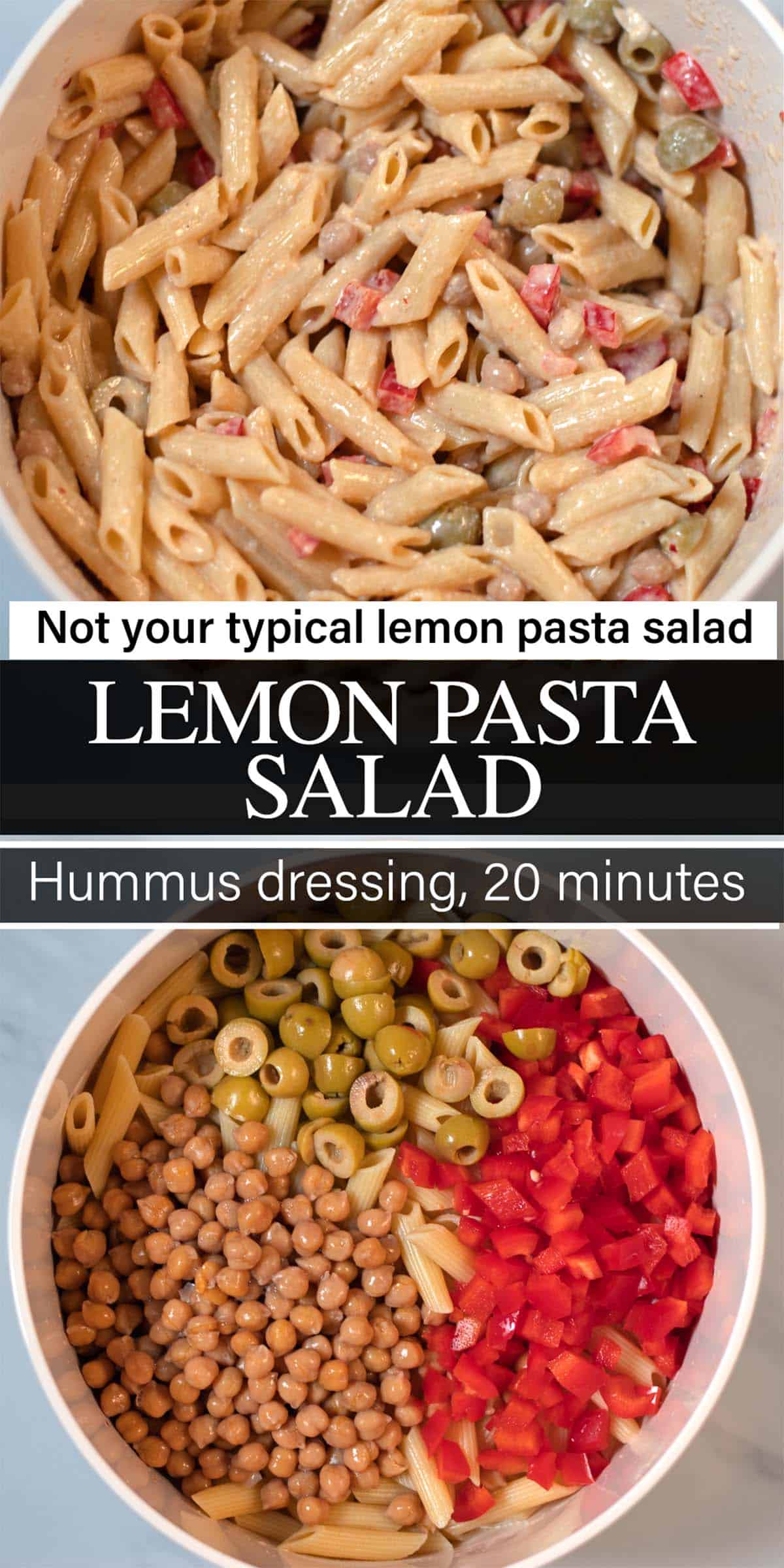 Stack of two photos showing Lemon Pasta Salad with text overlay.