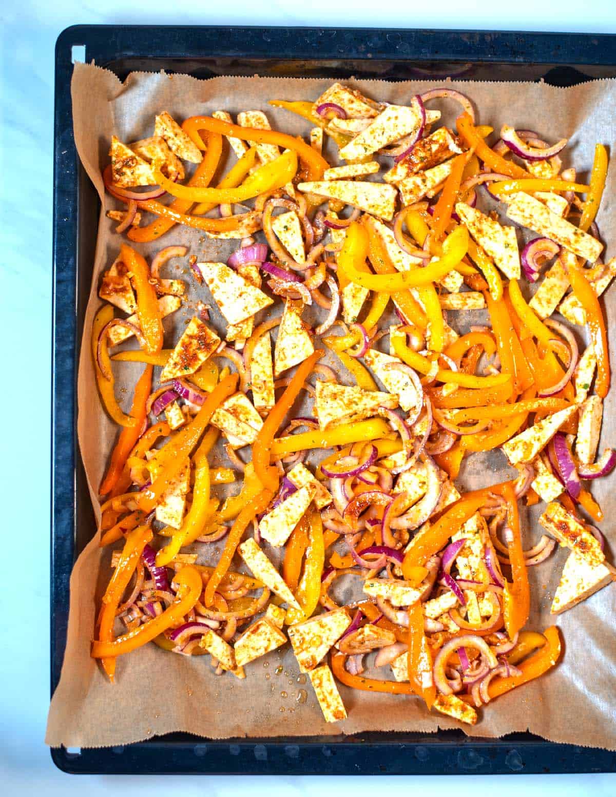 Sheet Pan Fajitas before baking.