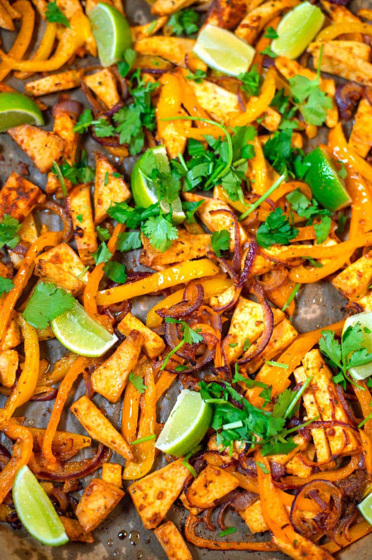 Close-up of Sheet Pan Fajitas.