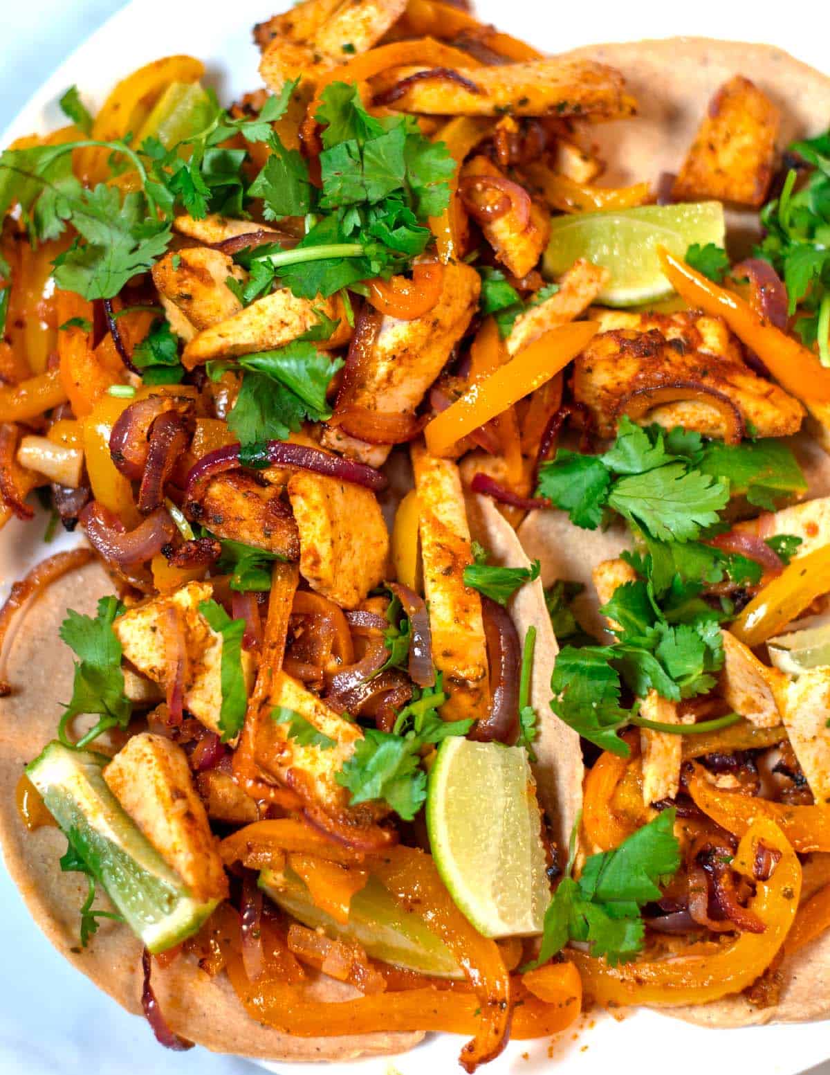 Closeup of Sheet Pan Fajitas serving.