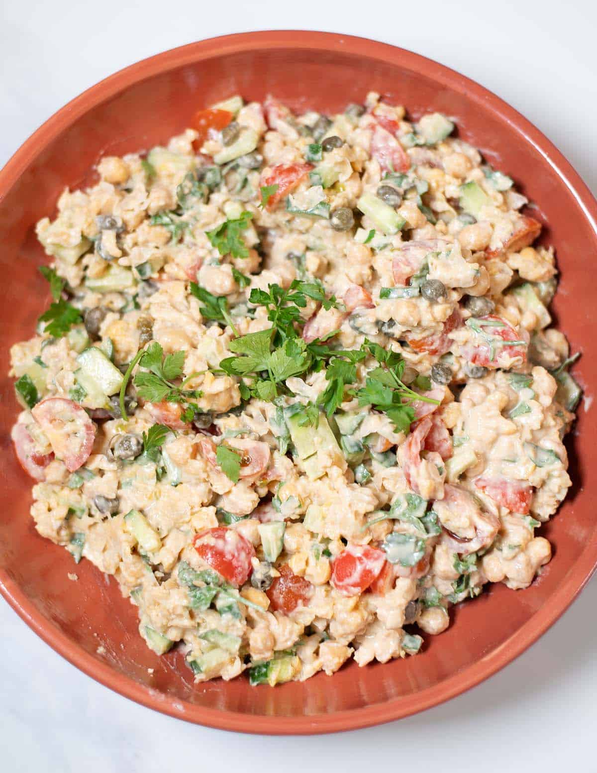 Closeup of a serving of Smashed Chickpea Salad.