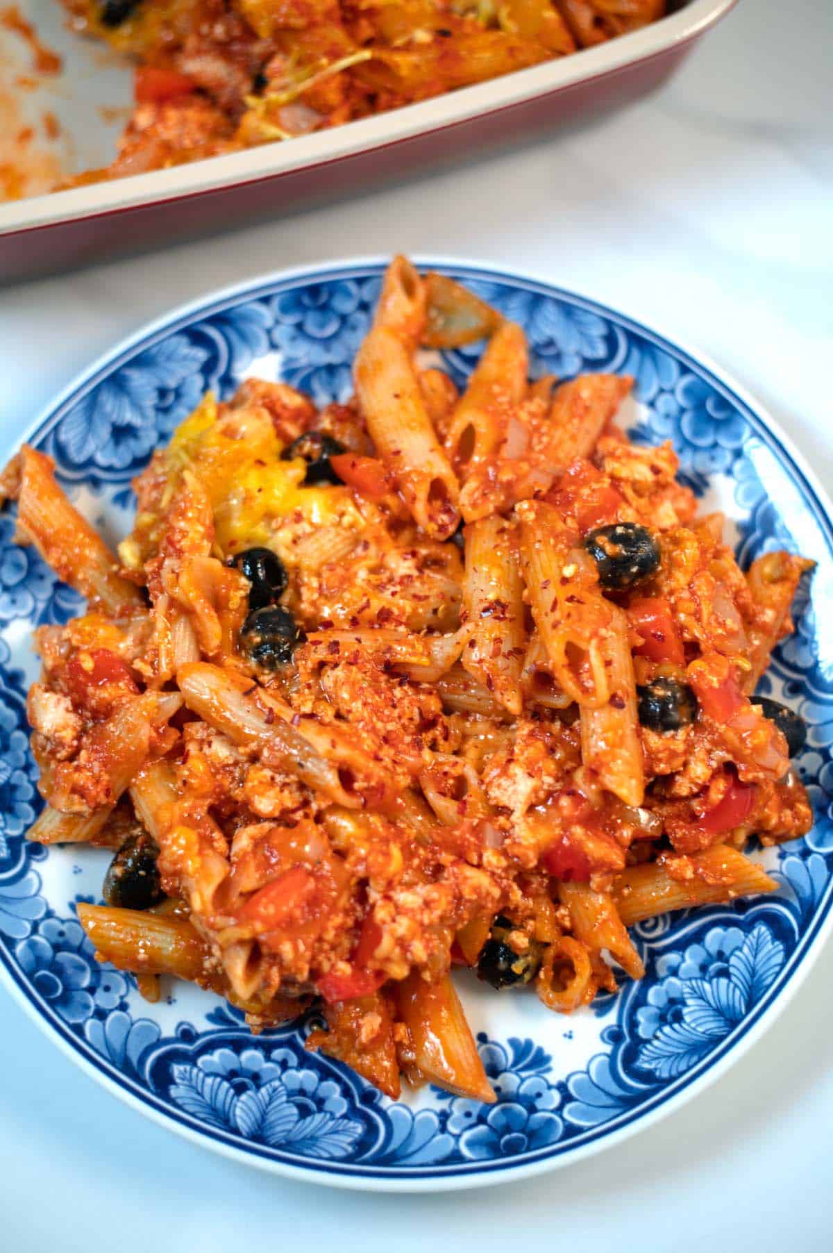 A closeup of Tofu Pasta Casserole.