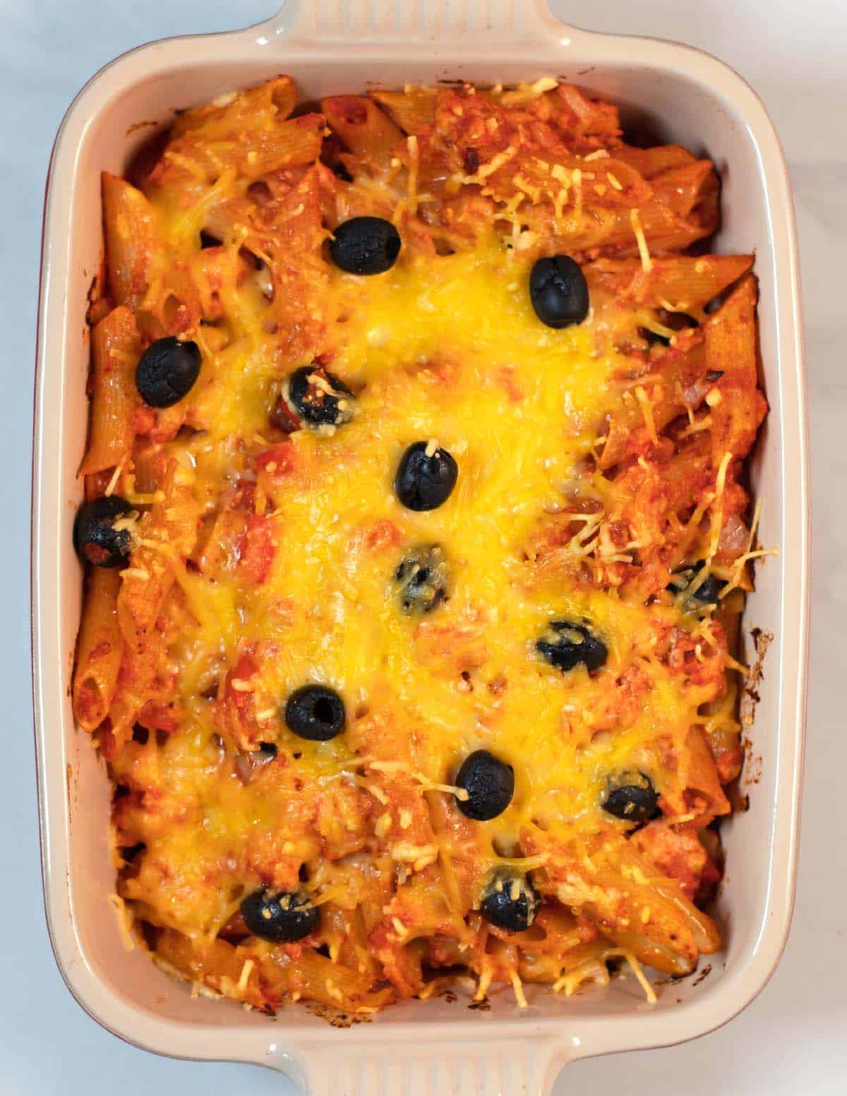 Golden baked Tofu Pasta Casserole.