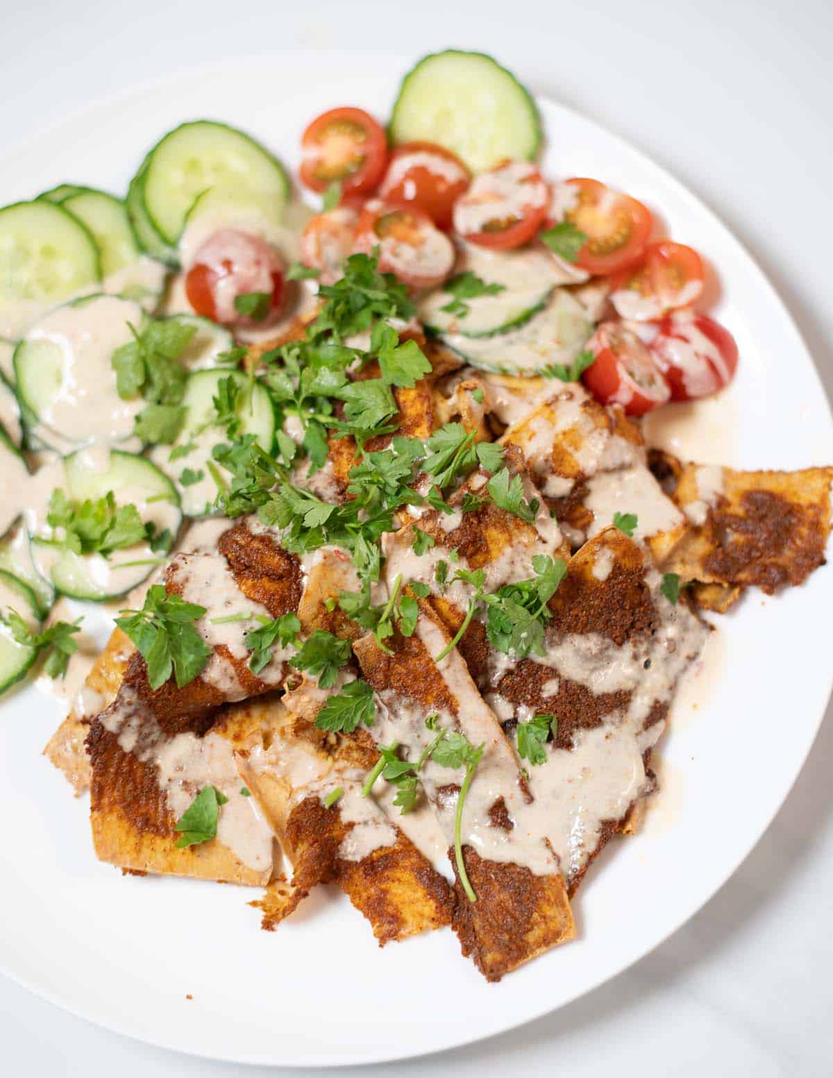 Closeup on a serving on Tofu Shawarma.