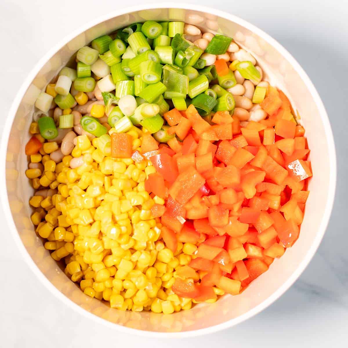 Mixing bowl with the salad ingredients.