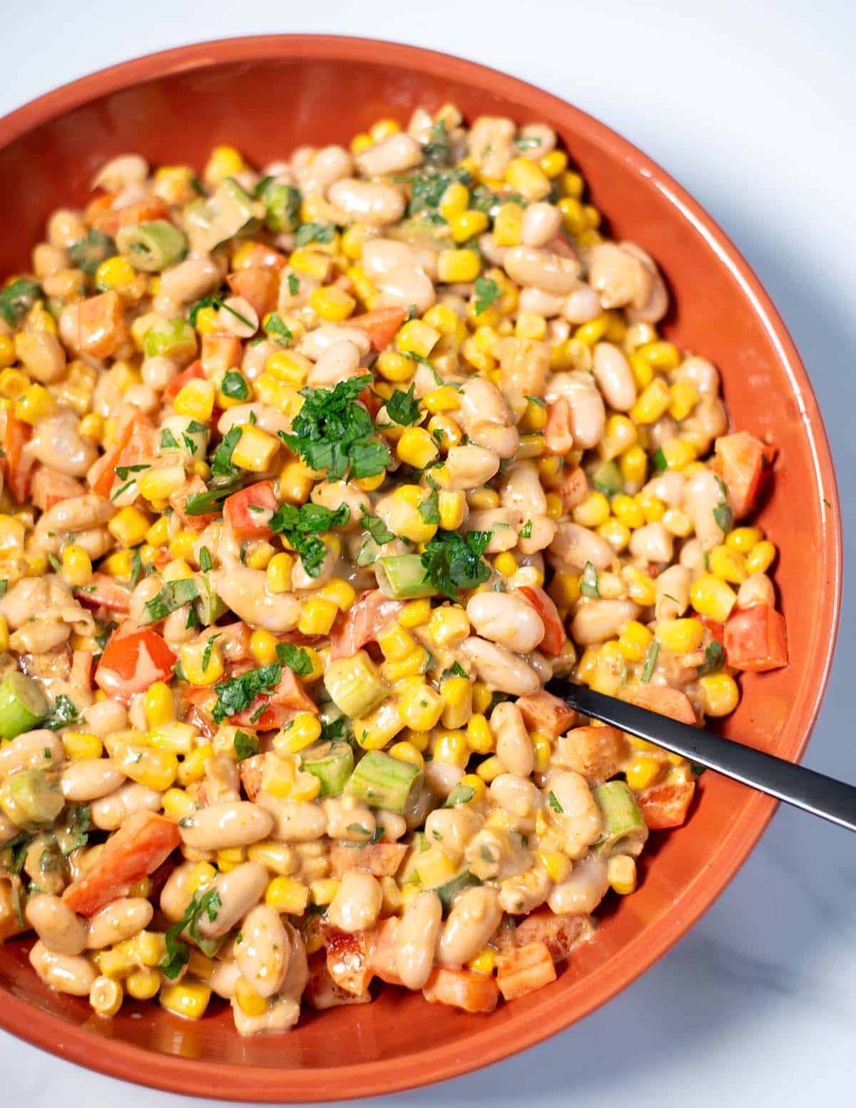 A spoon lifts White Bean Salad from a plate.