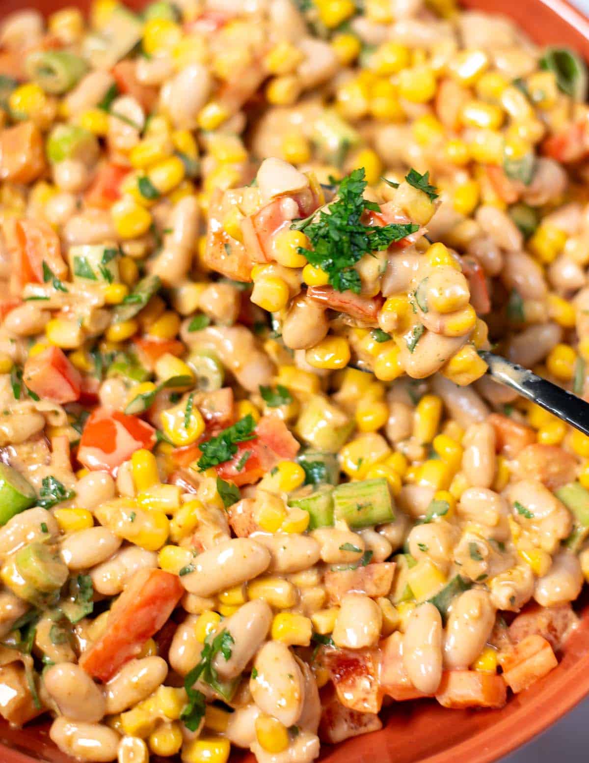 Closeup of a spoon with White Bean Salad.