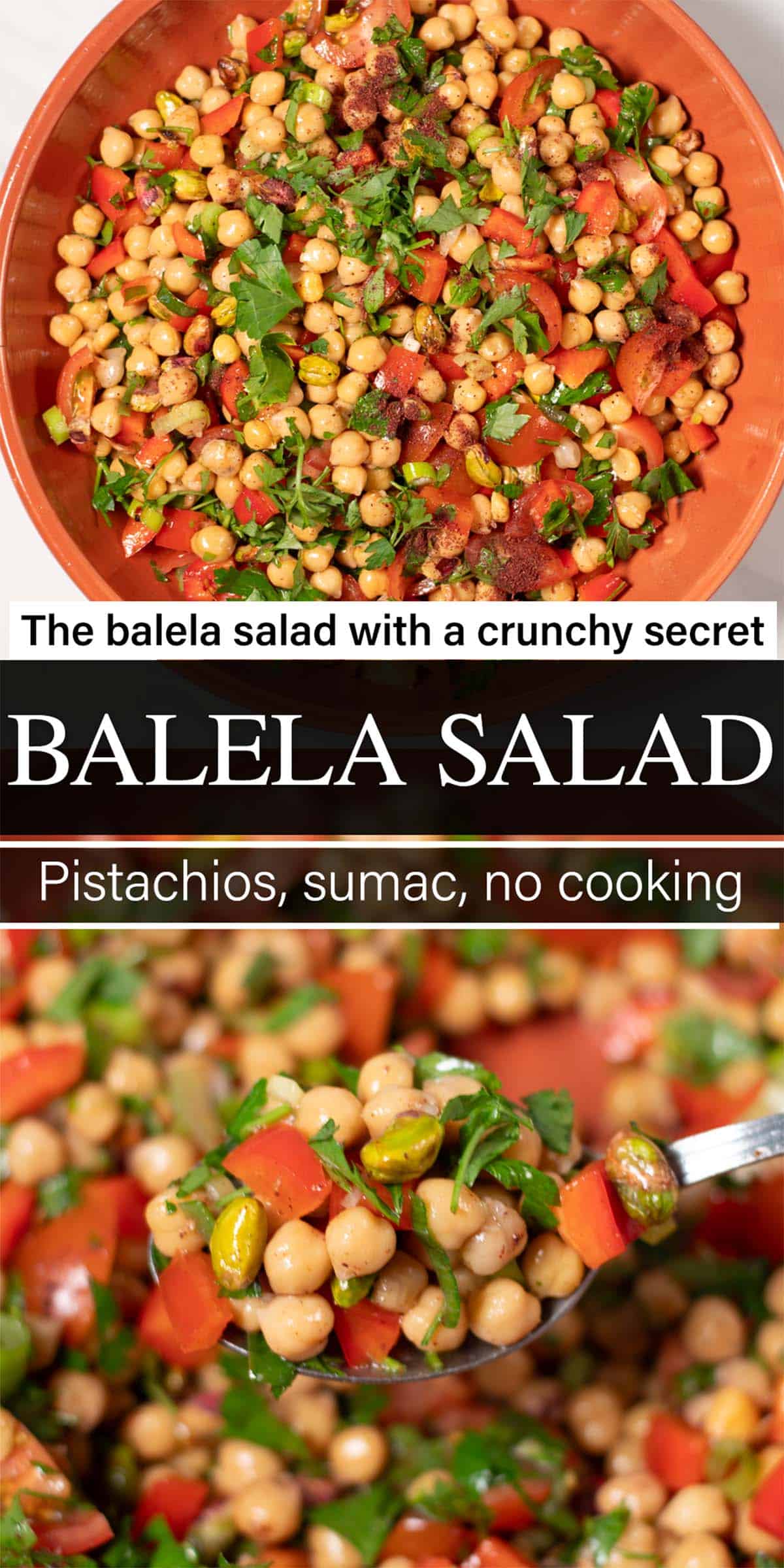 Stacl of two photos of Balela Salad with text overlay.