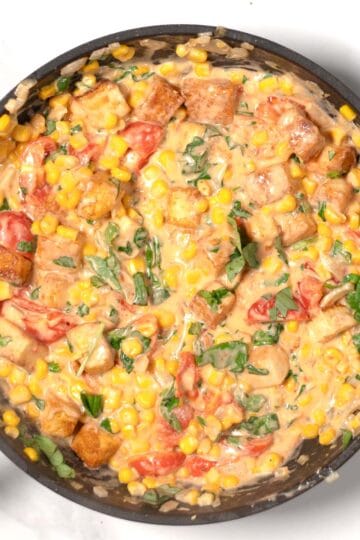 Basil tofu in a pan.