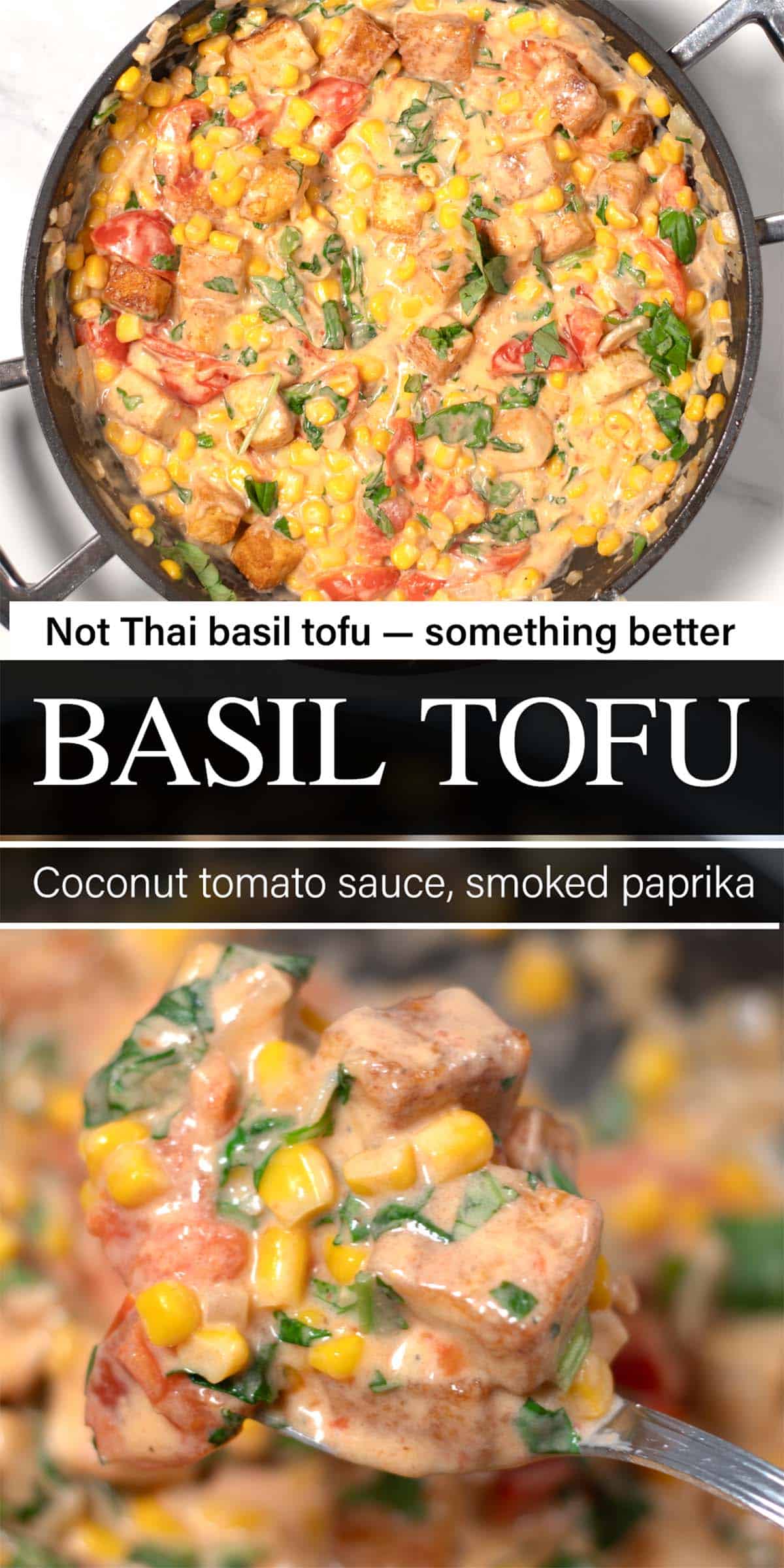 Stack of two photos of Basil Tofu with text overlay.