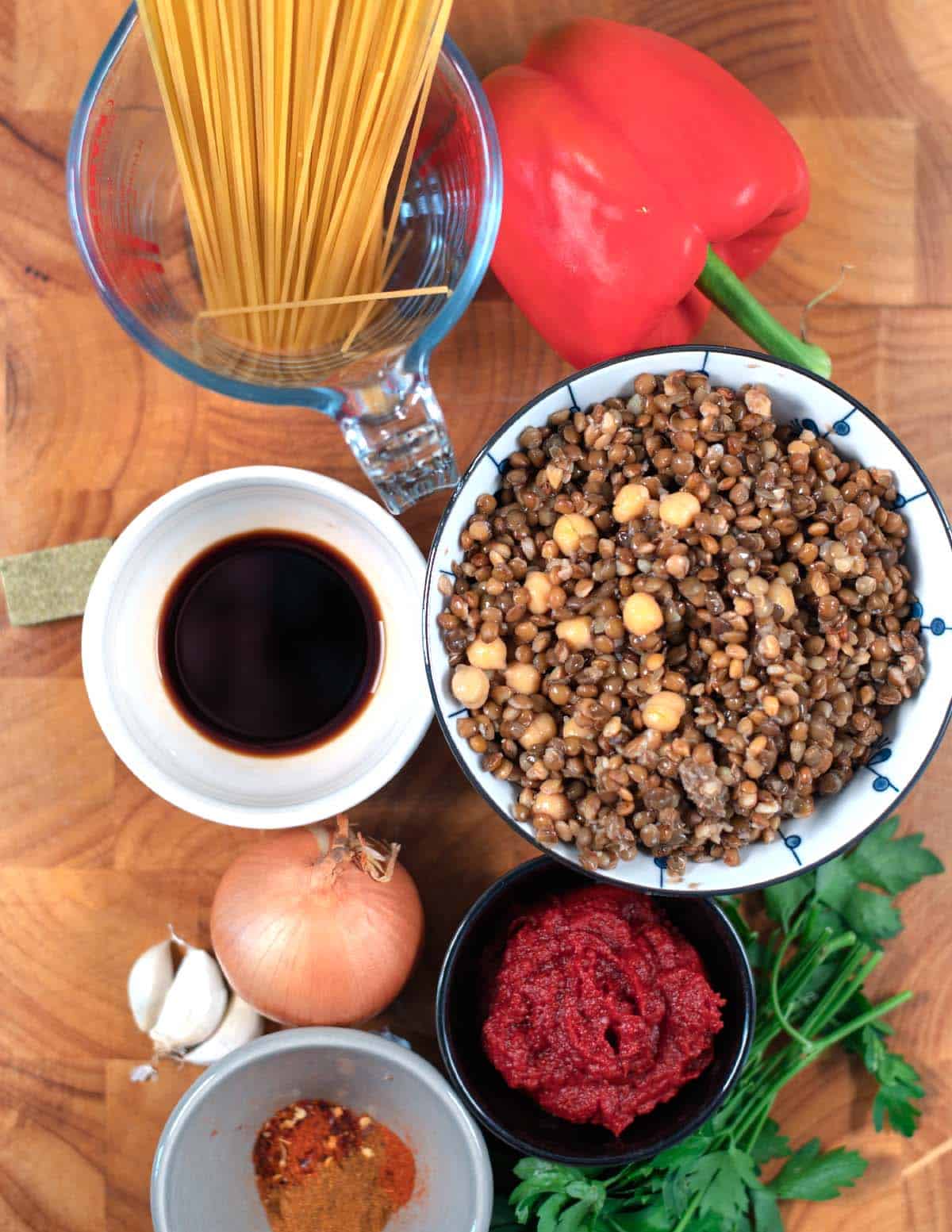 Ingredients needed to make Dirty Spaghetti collected before preparation.