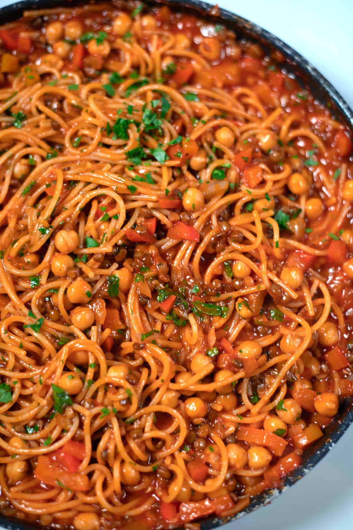 Closeup of Dirty Spaghetti ready to be served from a pan.