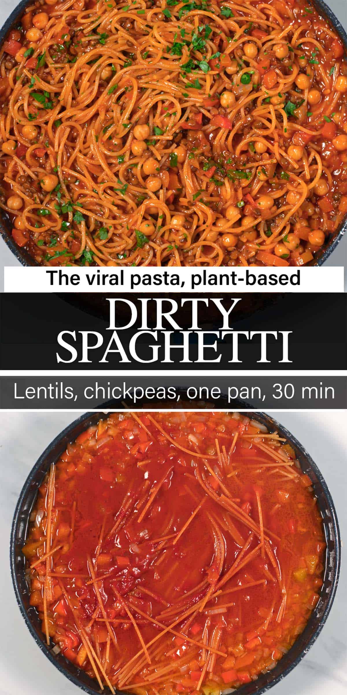 Stack of two photos showing Dirty Spaghetti with recipe title text overlay.