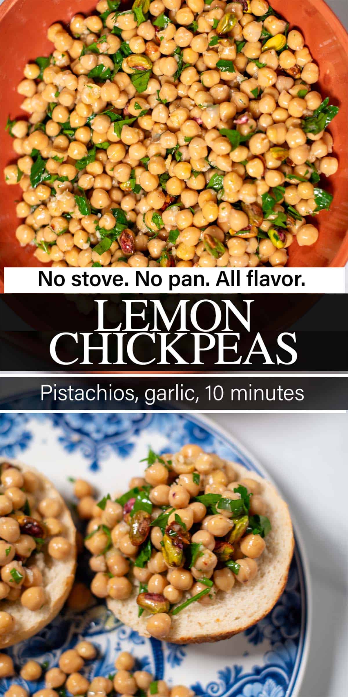Stack of two photos showing Lemon Chickpeas with recipe title text.