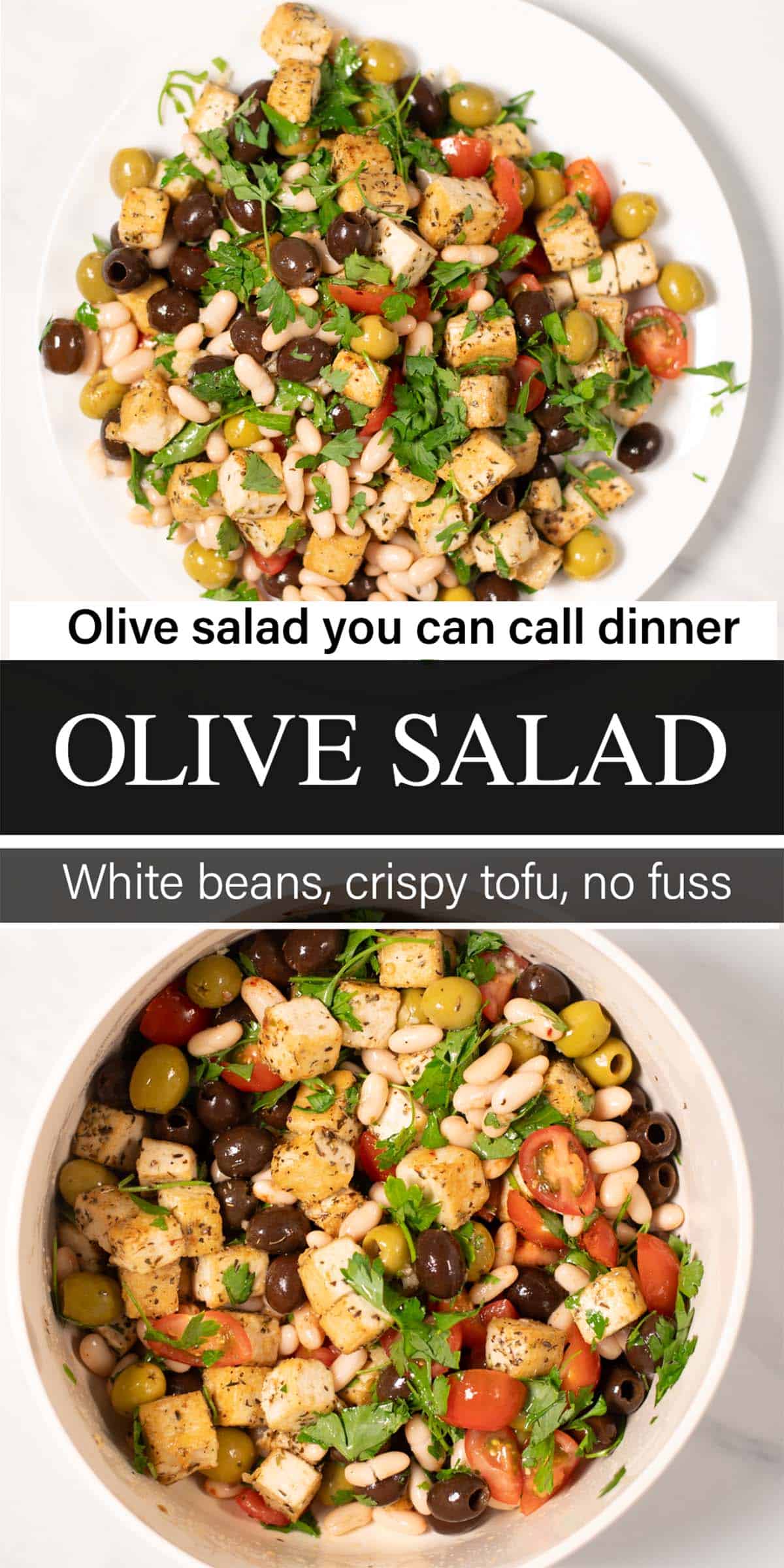 Stack of two photos showing Olive Salad with text overlay.