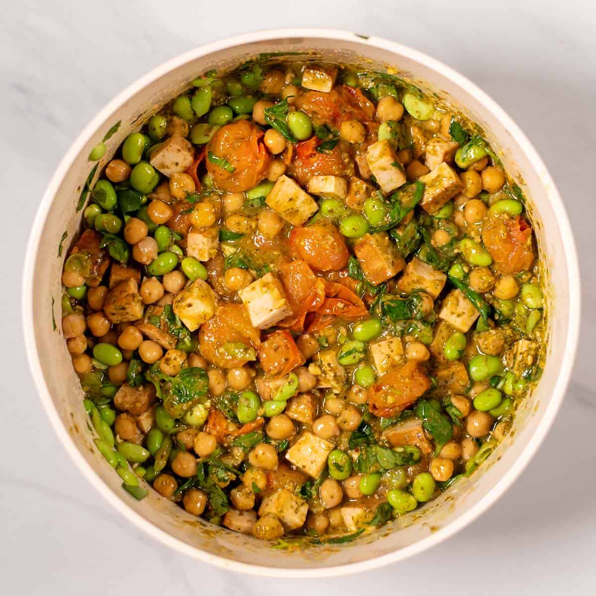 Ready Pesto Chickpeas in a mixing bowl.