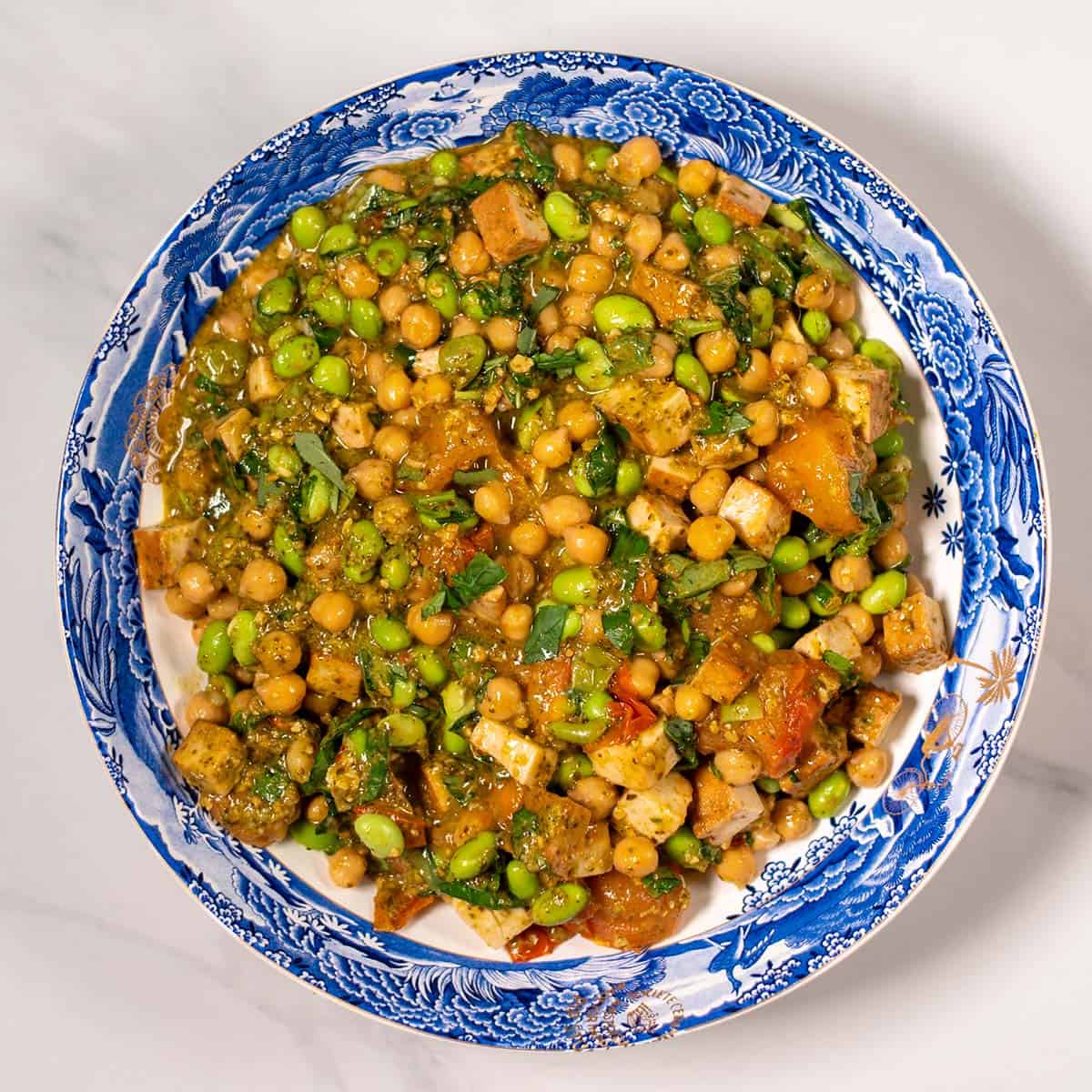 A serving of Pesto Chickpeas on a large plate.