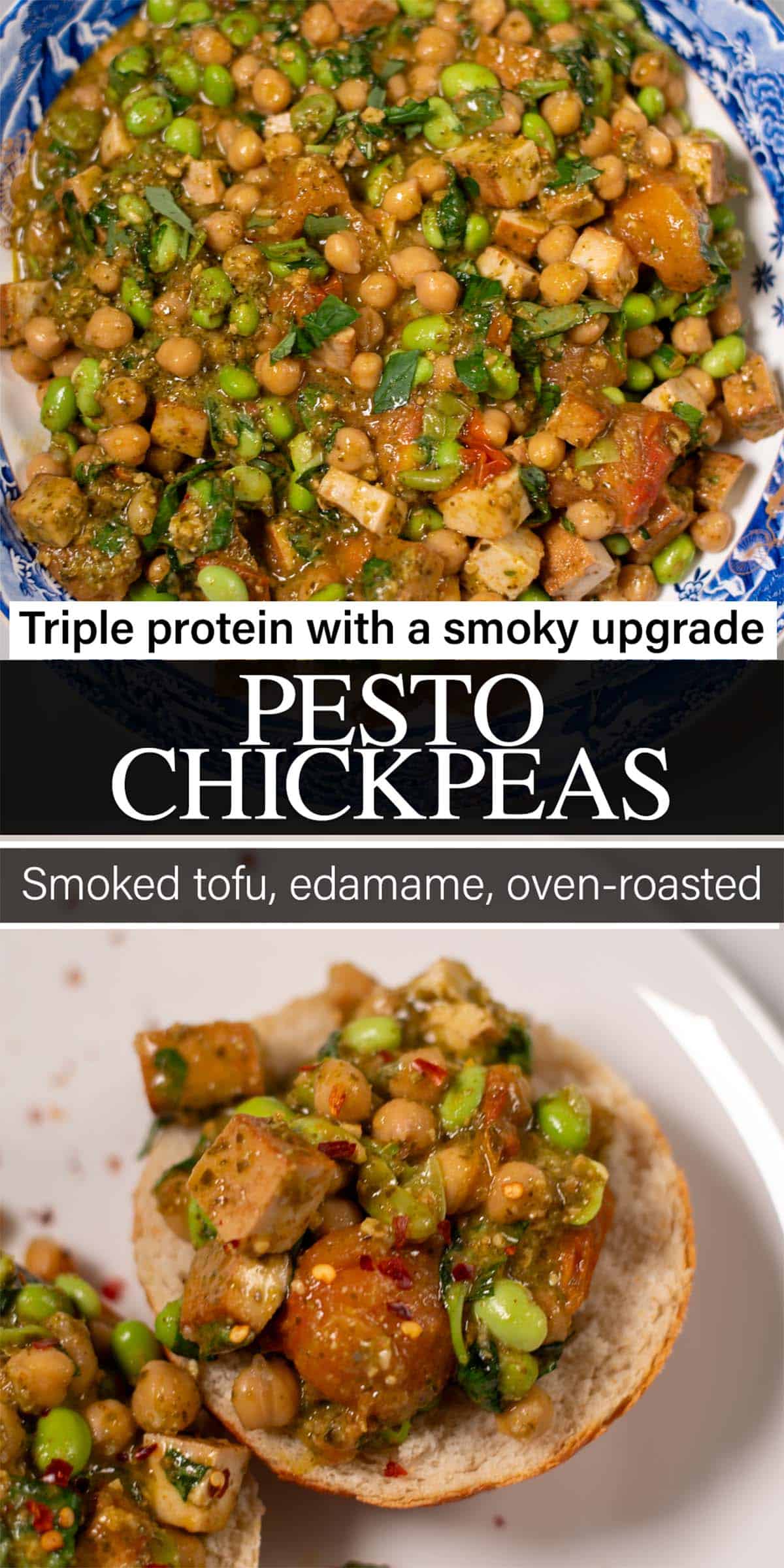 Stack of two photos of Pesto Chickpeas with text overlay.
